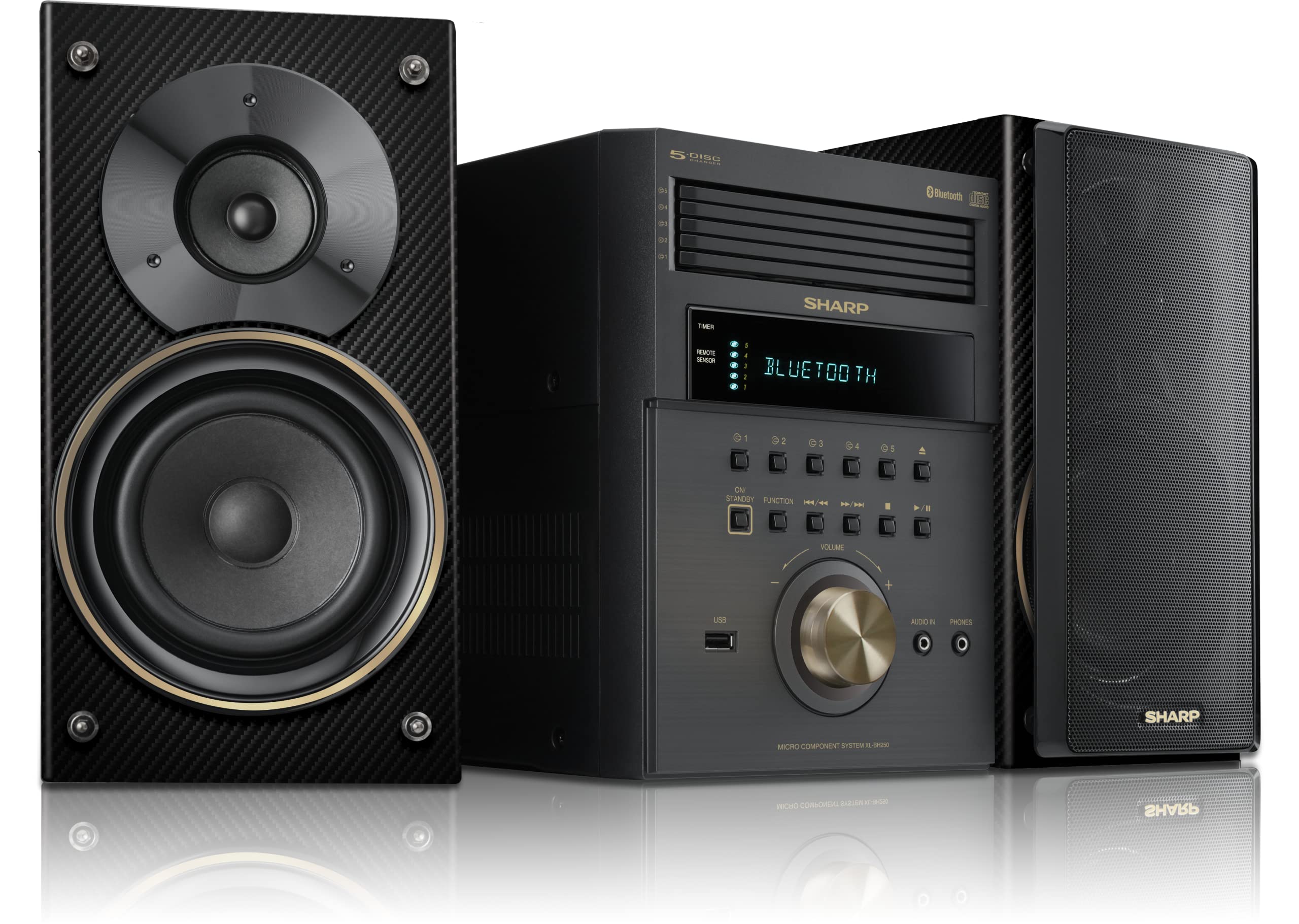 SharpXL-BH250 Limited Edition 5-Disc Bluetooth Speaker System with USB, AM/FM, and Champagne Gold/Carbon Fiber Finish