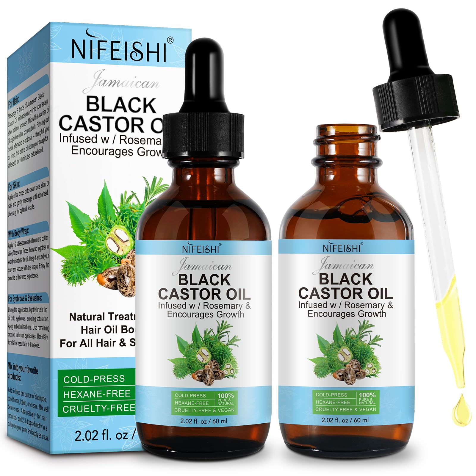 NIFEISHIOrganic Castor Oil, 2pcs Pure Natural Jamaican Black Castor Oil Infused with Rosemary, Cold Pressed Glass Bottles, Boost Hair Growth for Thicker, Fuller Hair, Eyelashes & Eyebrows 2.02 fl oz