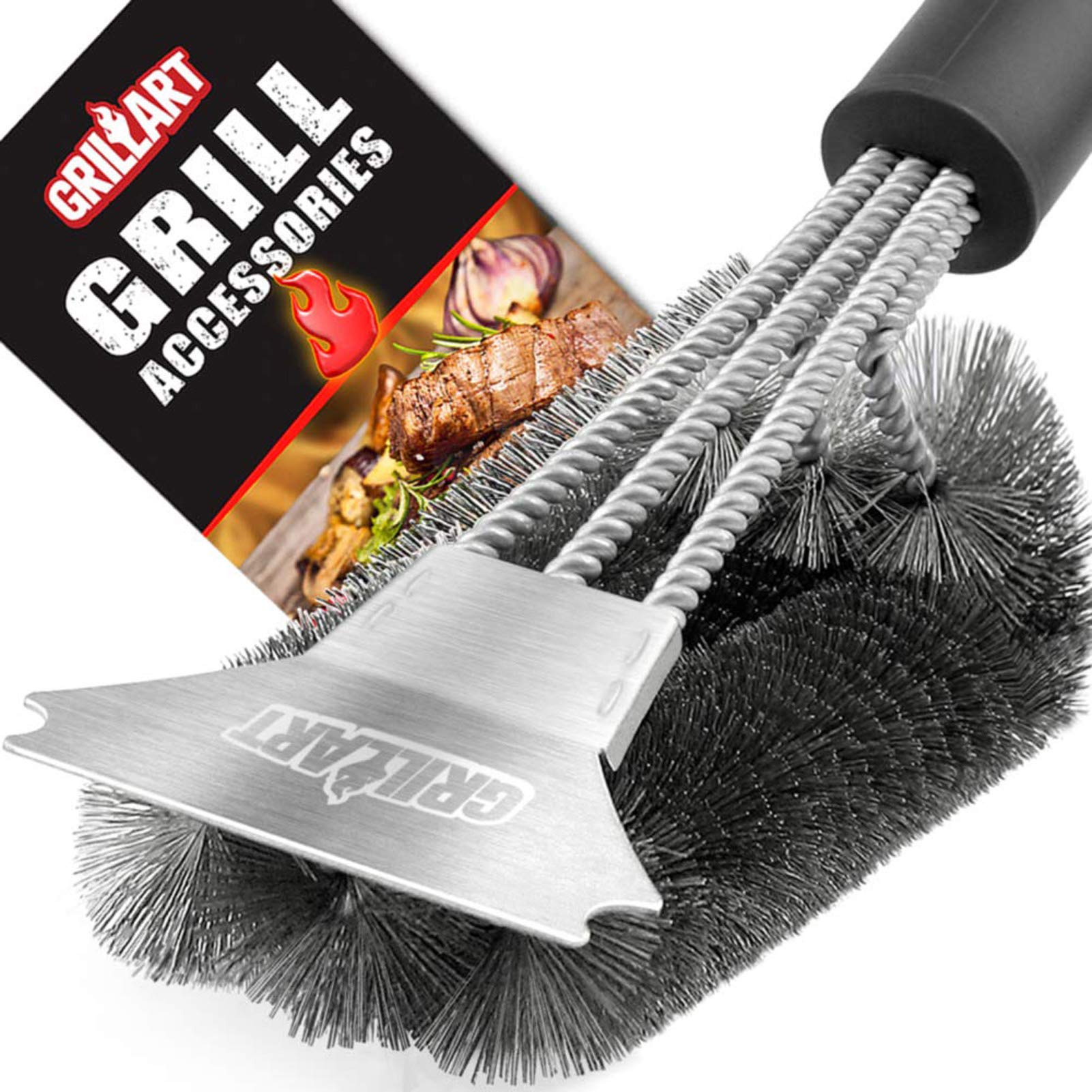 GRILLART Grill Brush and Scraper, Extra Strong BBQ Cleaner Accessories, Safe Wire Bristles 18" Barbecue Triple Scrubbers Cleaning Brush for Gas/Charcoal Grilling Grates, Wizard Tool BR-8115