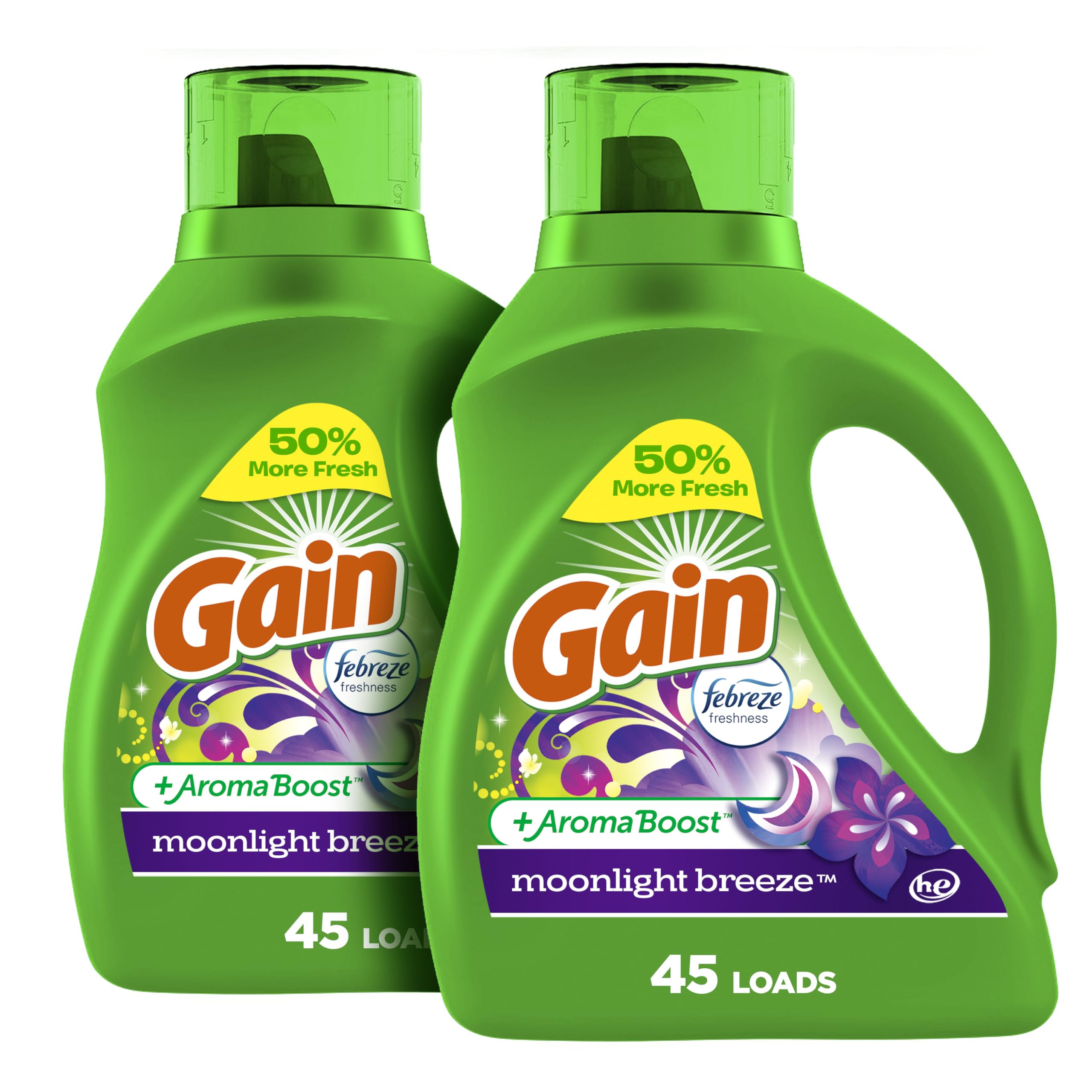 Gain + Aroma Boost Laundry Detergent Liquid Soap, Moonlight Breeze Scent, 45 Loads, 65 Fl Oz, (Pack of 2), He Compatible, Gain Laundry Detergent, Liquid Laundry Detergent