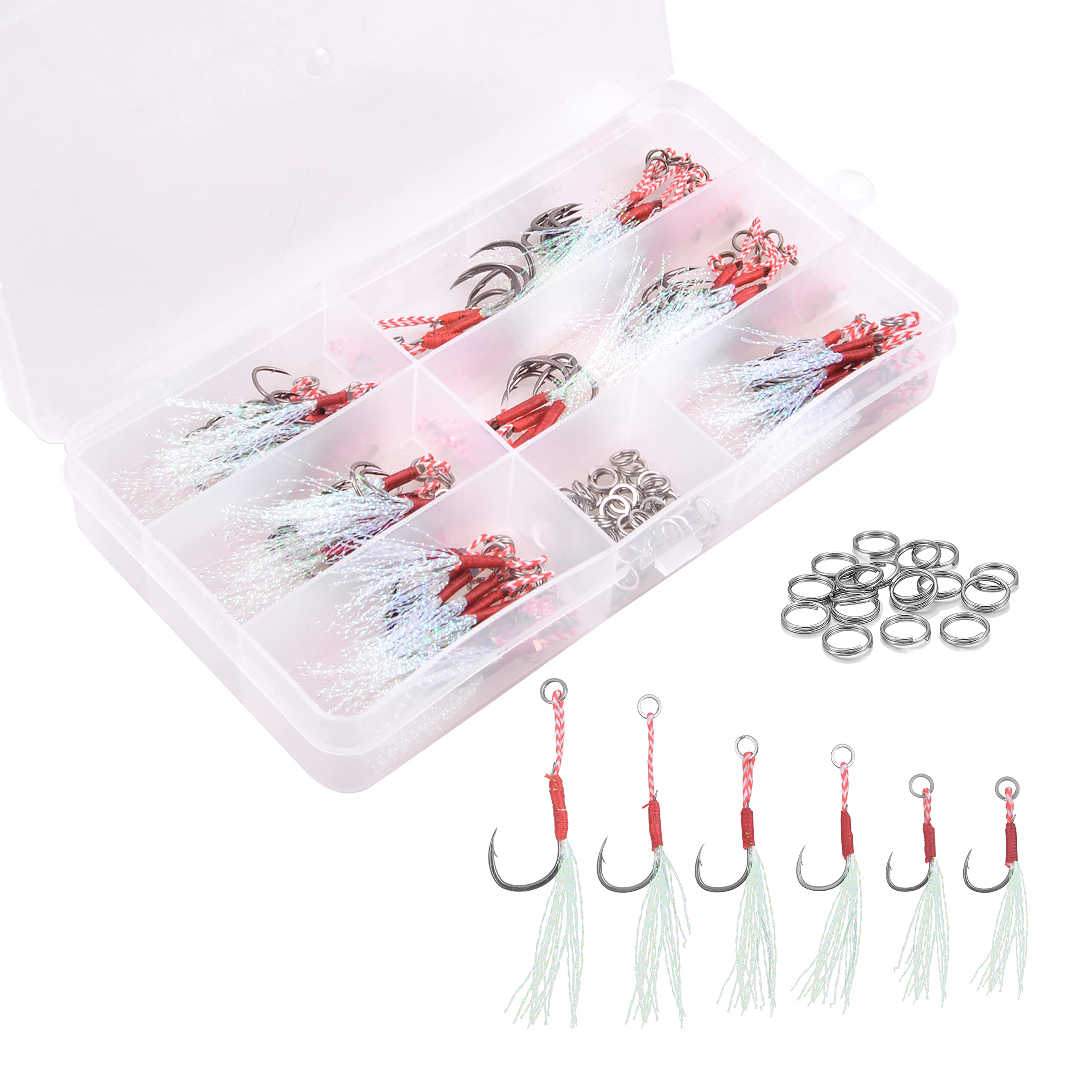 130PCS Cast Jigs Assist Hook with Double Split Ring High Carbon Steel Single Jig Hooks Fishing Jigging Hooks for Saltwater Freshwater Fishing