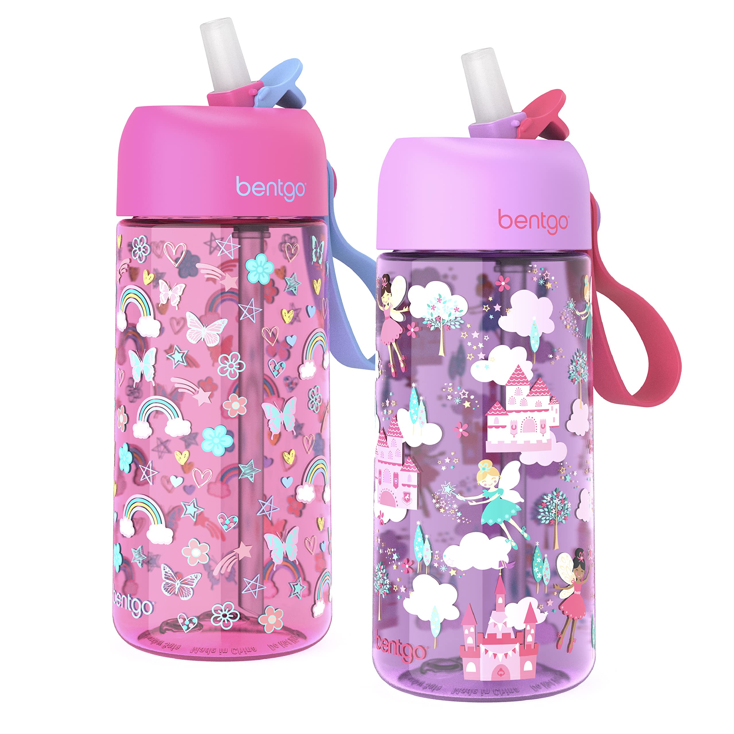 Bentgo Kids Water Bottle 2-Pack - Leak-Proof, Durable Tritan, BPA-Free 15 oz Cup for Kids/Toddlers 3+; Flip-Up Straw; Dishwasher Safe for School/Sports/Daycare/Camp (Rainbows & Butterflies/Fairies)