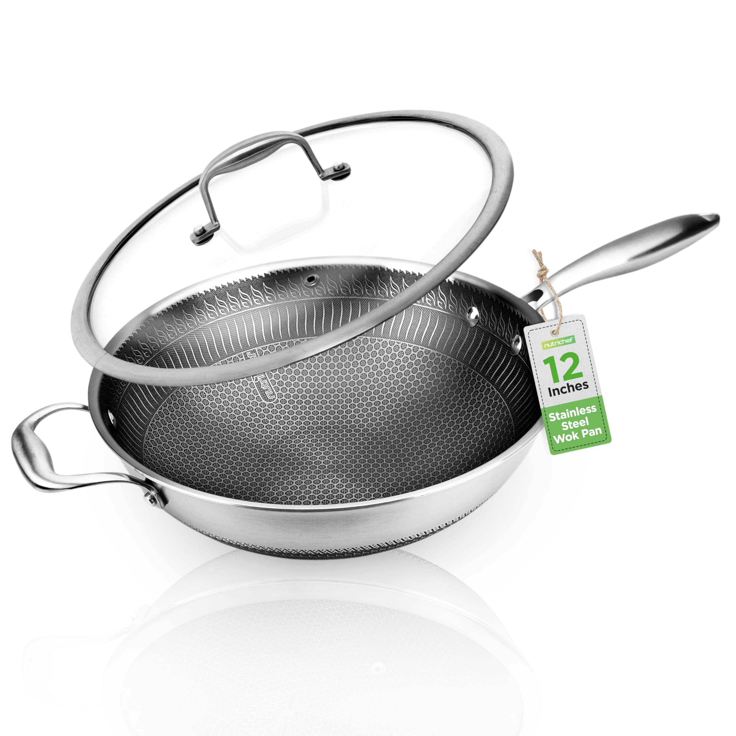 NutriChef 12" Stainless Steel Durable Wok - Triply Kitchenware with Glass Lid, Side Handle - DAKIN Etching Non-Stick Coating, Scratch-resistant Raised-up Honeycomb Fire Textured Pattern - NCS3PWOK