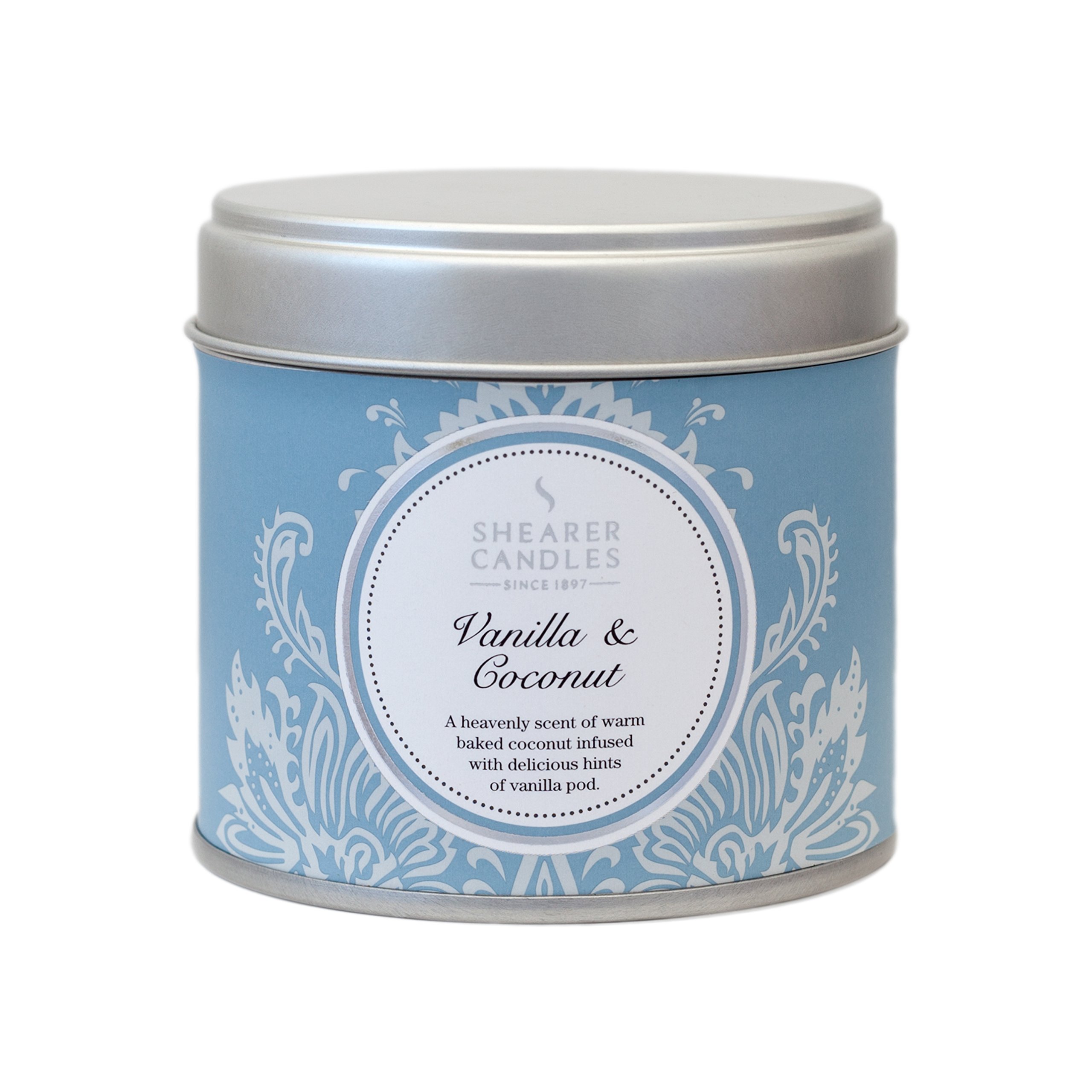 ShearerCandles Vanilla and Coconut Large Scented Silver Tin Candle - White