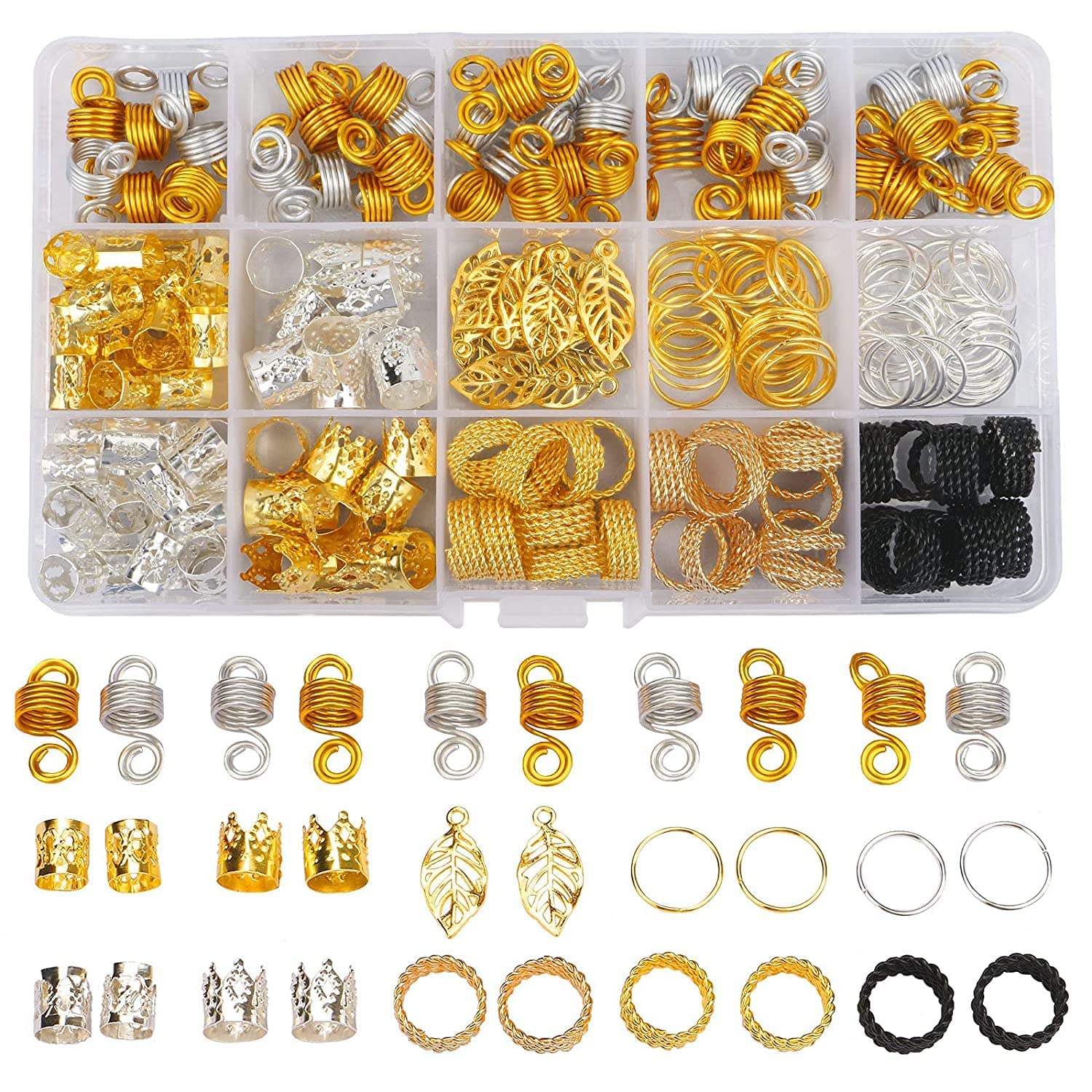 LIENJAER 200PCS Beads for Hair Braids, Hair Jewelry for Women Braids, Metal Gold Braids Rings Cuffs Clips for Dreadlock Accessories Hair Decorations