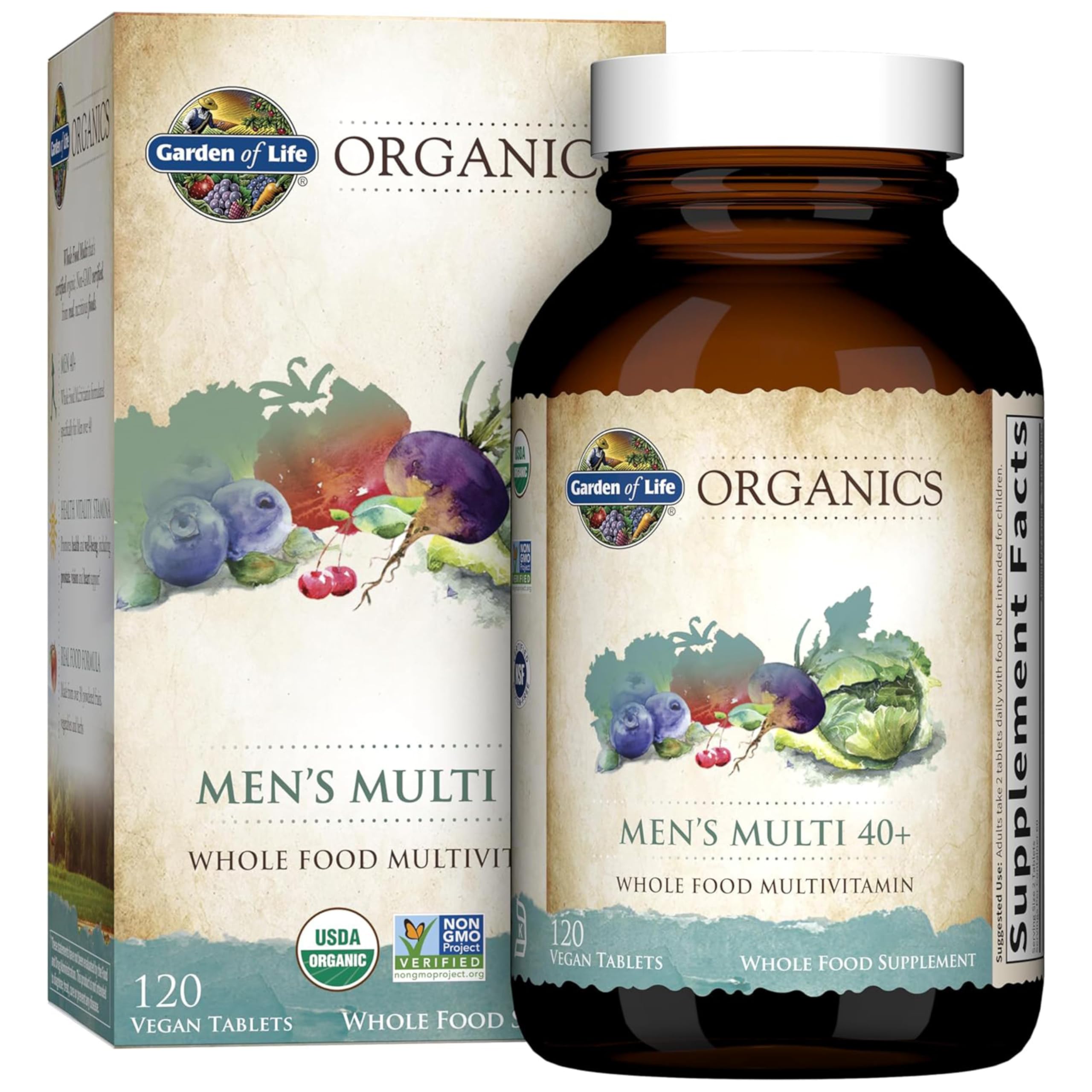 Garden of Life Organics Whole Food Multivitamin for Men 40+ 120 Tablets, Vegan Mens Multi for Health & Well-Being Certified Organic Whole Food Vitamins & Minerals for Men Over 40 Mens Vitamins