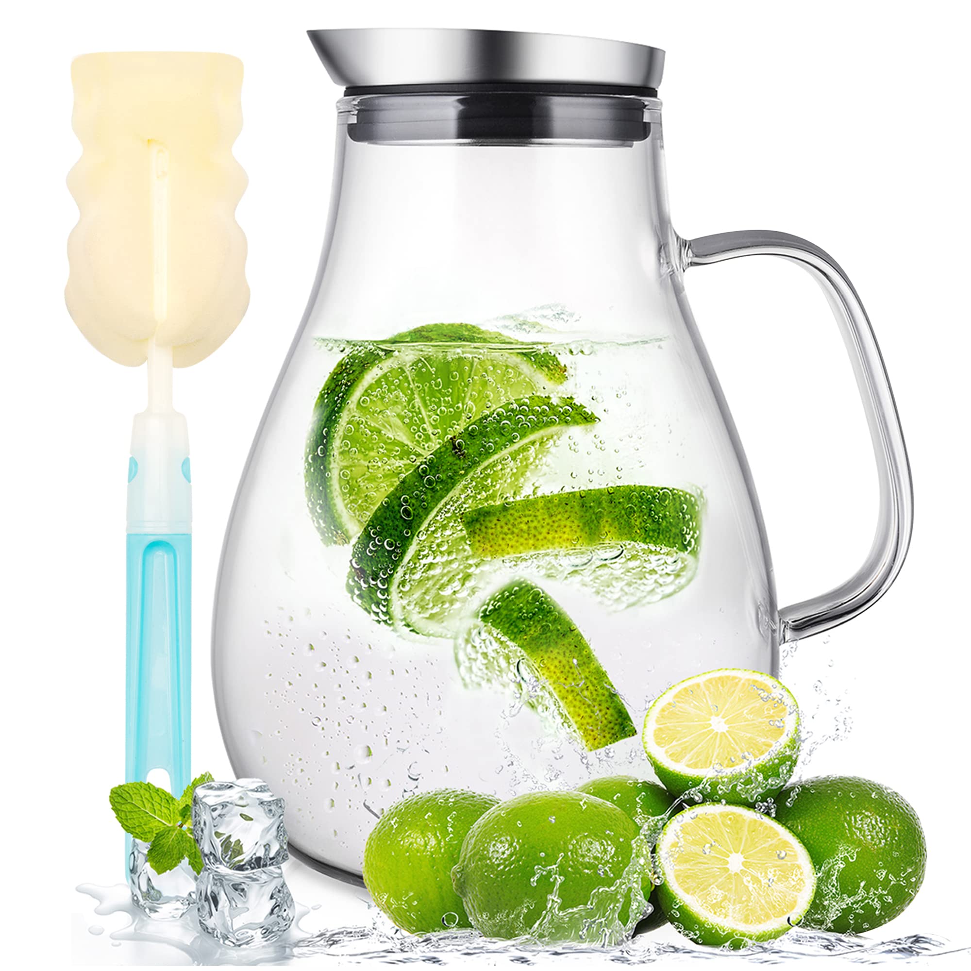 2.0 Liter Glass Pitcher with Lid, Water Carafe Jug for Hot/Cold Water, Ice Tea and Juice Beverage