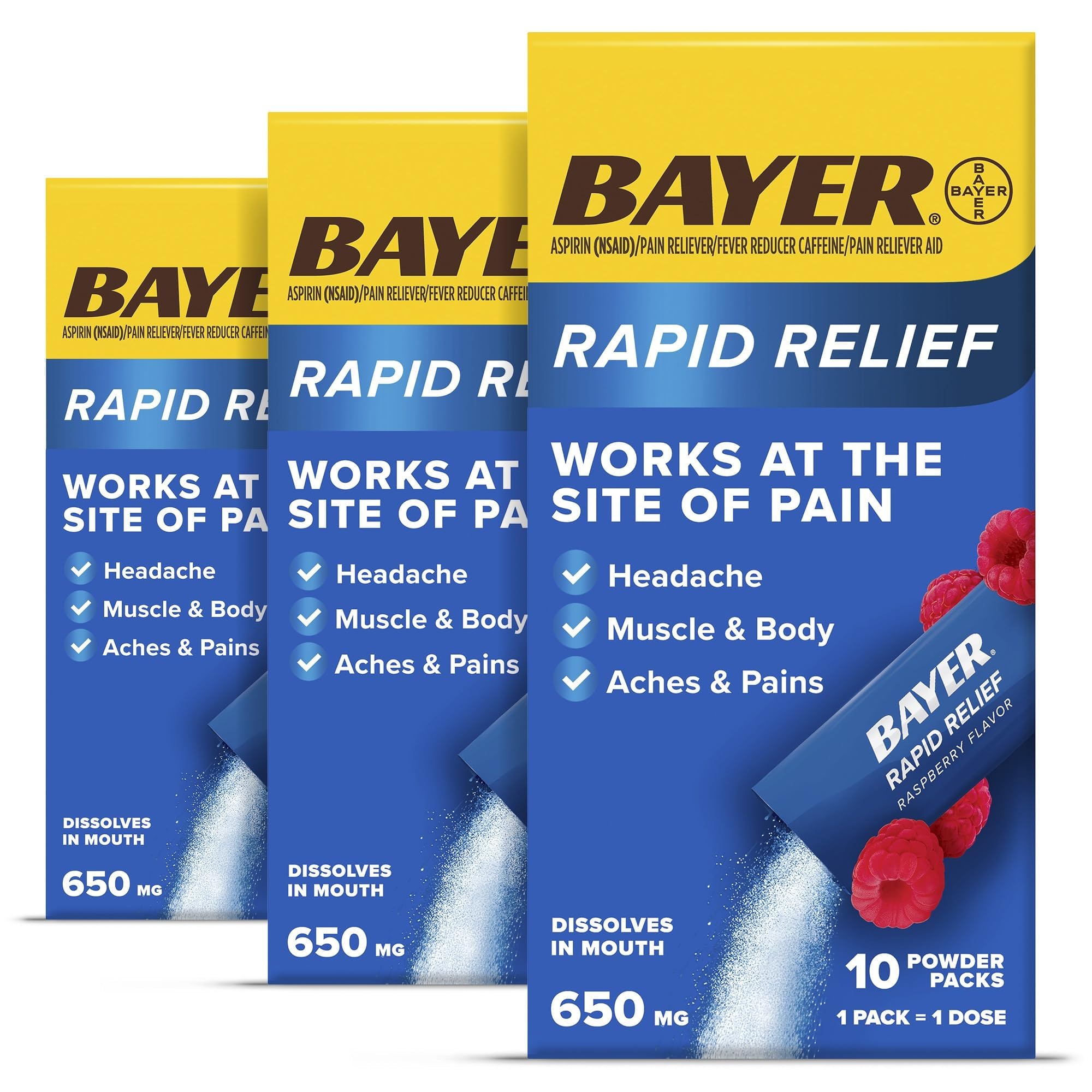 BayerNew Rapid Relief Powder Packs with Aspirin & Caffeine, Dissolvable Fast Acting Pain Relief, Works at Site of Pain to Relieve Headache, Muscle and Body Pain, Raspberry Flavor, 30 Count