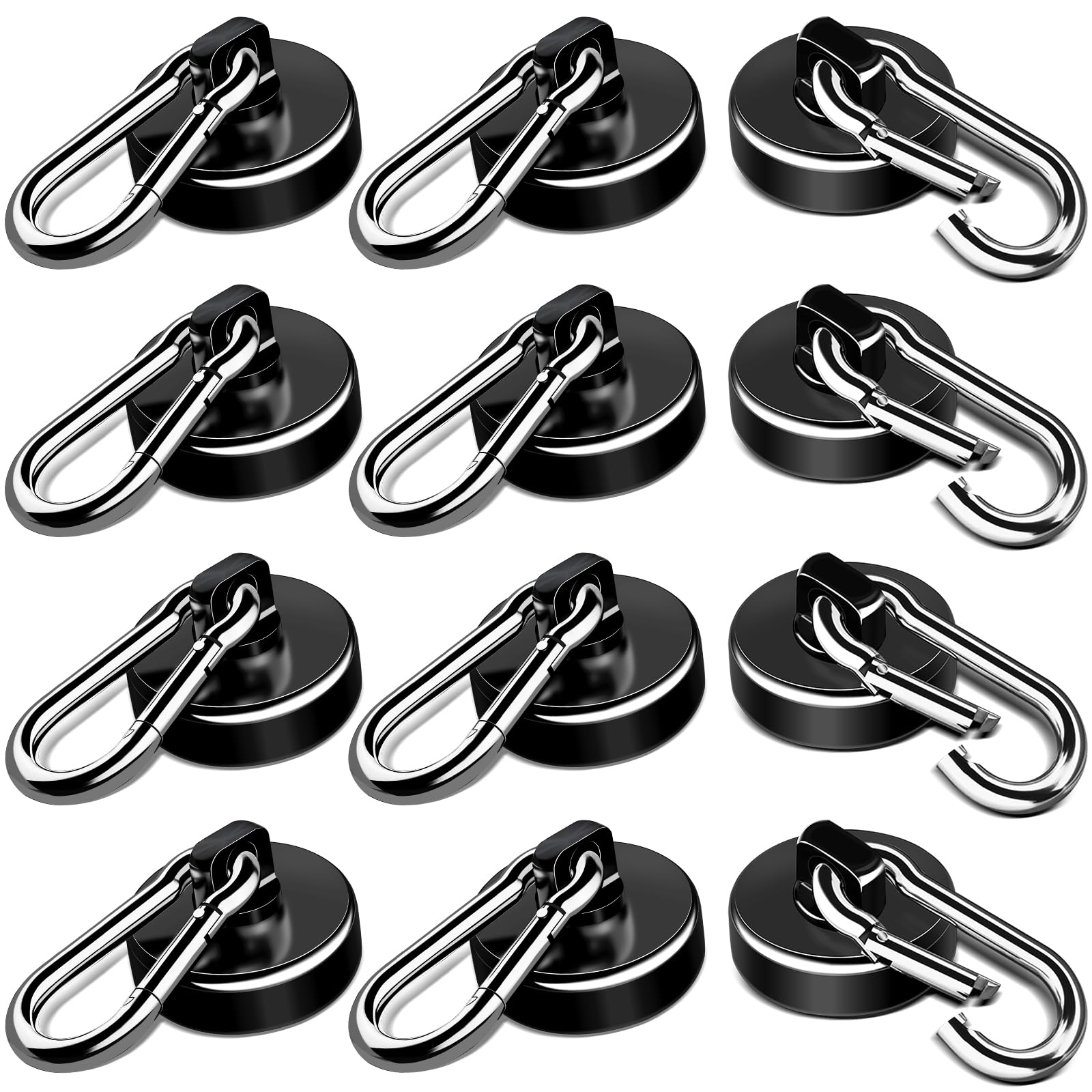 LOVIMAG Strong Magnetic Hooks, 70LBS Magnetic Hooks Heavy Duty Strong Neodymium Magnets with Carabiner Hook, Magnet Hooks with Swivel for Kitchen, Hanging, Cruise, Grill, Refrigerator - 12 Pack Black