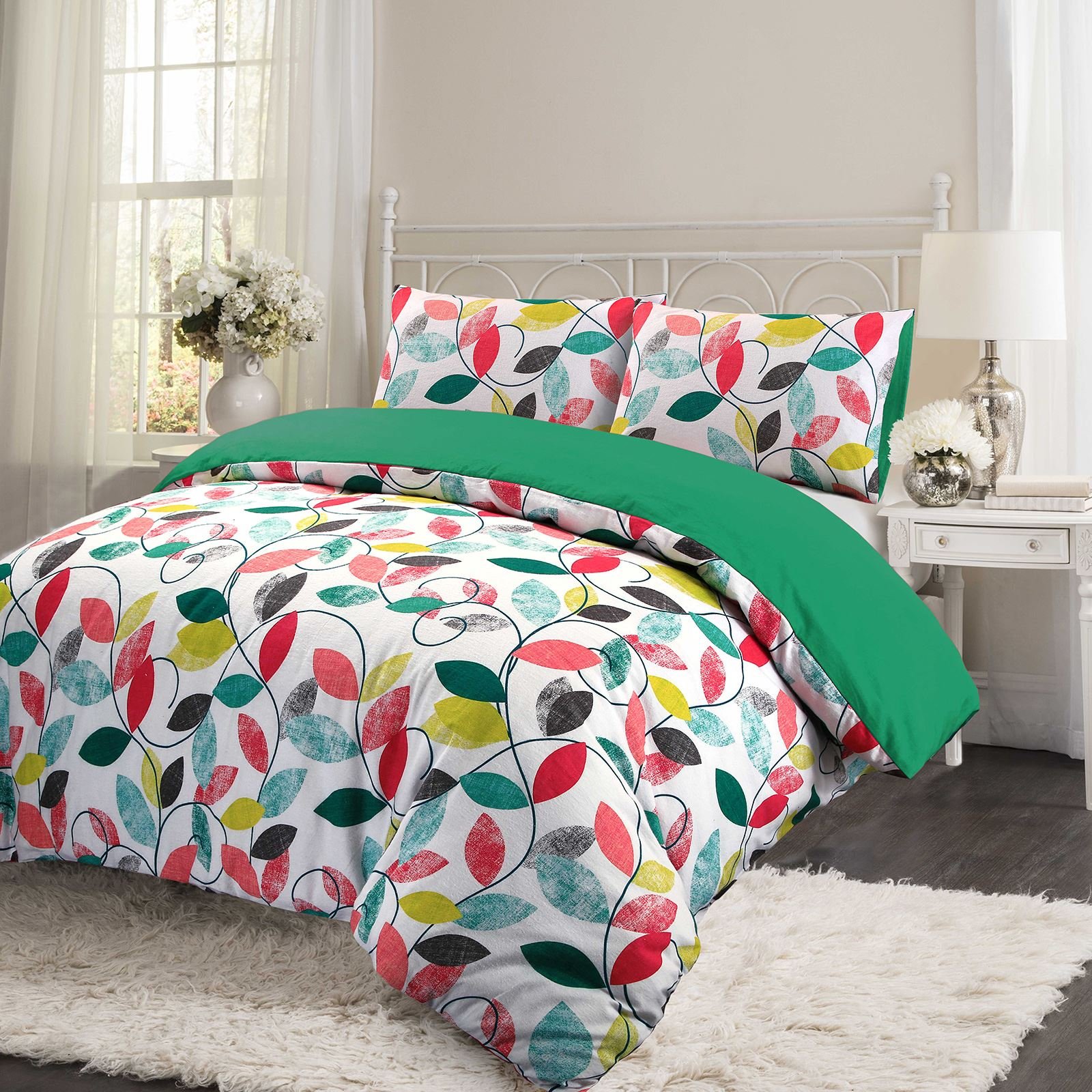 Retro Leaf Floral 100% Brushed Cotton Flannelette Flannel Soft n Cosy Thermal Duvet Cover Bedding Set - Green, King