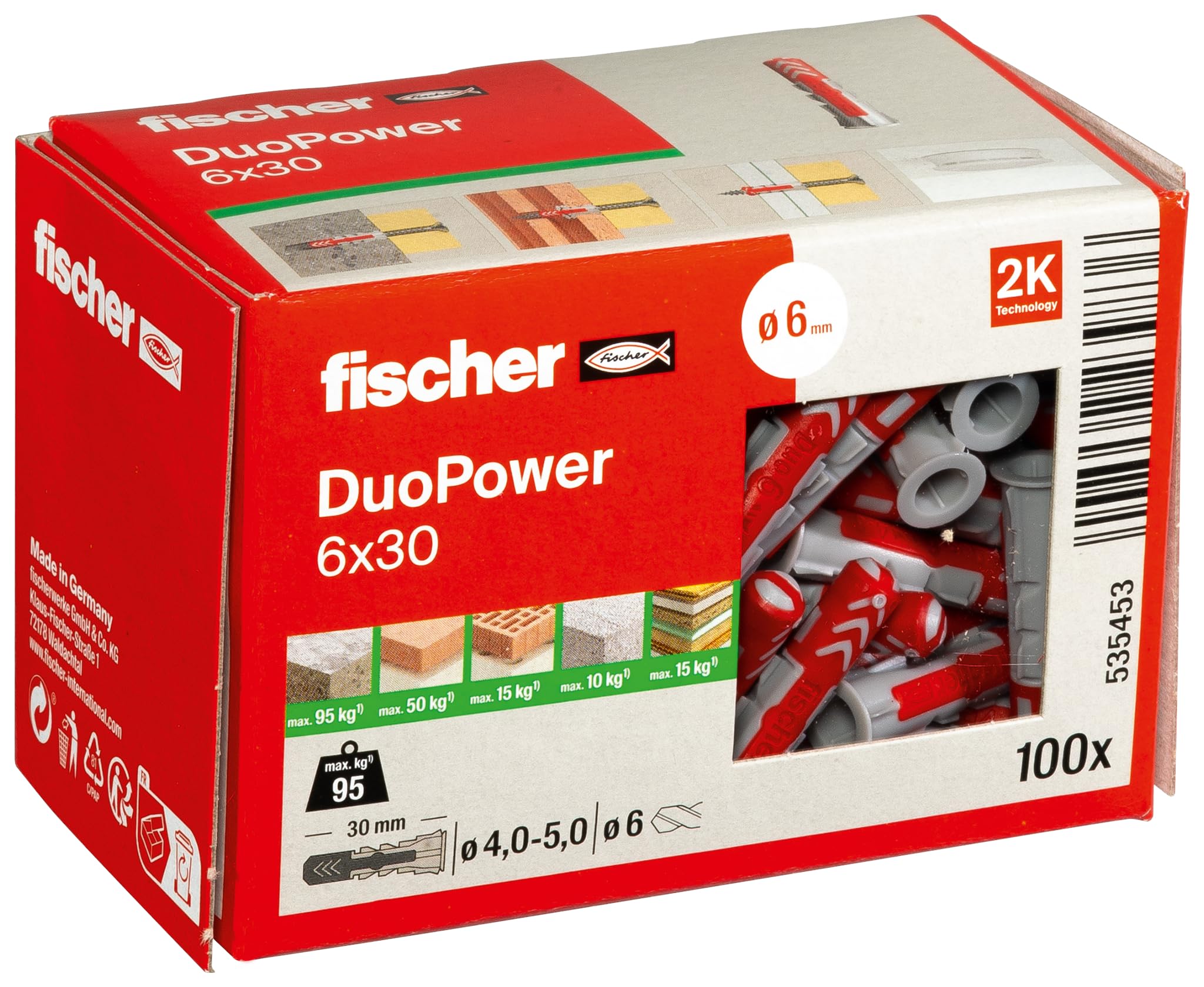 fischer DuoPower 6 x 30, Powerful Universal Plug with Intelligent 2-Component Technology for fastenings in Concrete, Bricks, Gypsum plasterboard, chipboard, etc., 100 Plugs Without Screws