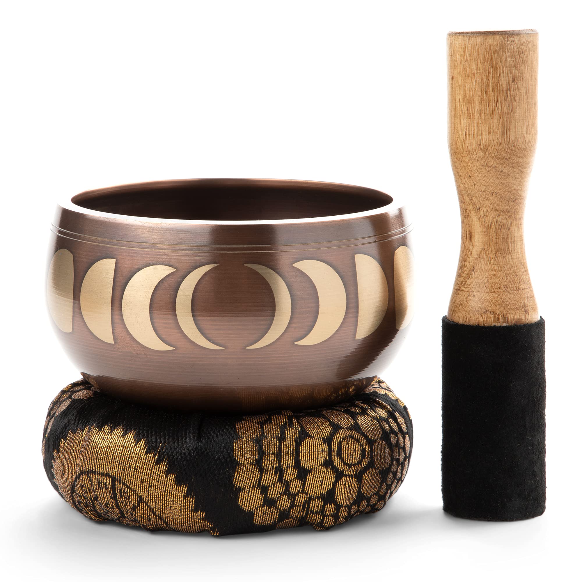 Singing Bowl Set with Wooden Mallet and Cushion, Brass – Unique, Tibetan Bowls for Meditation with Phases of Moon Design - Lightweight Bowl - Exquisite Spiritual Decor for Home, Yoga Studio