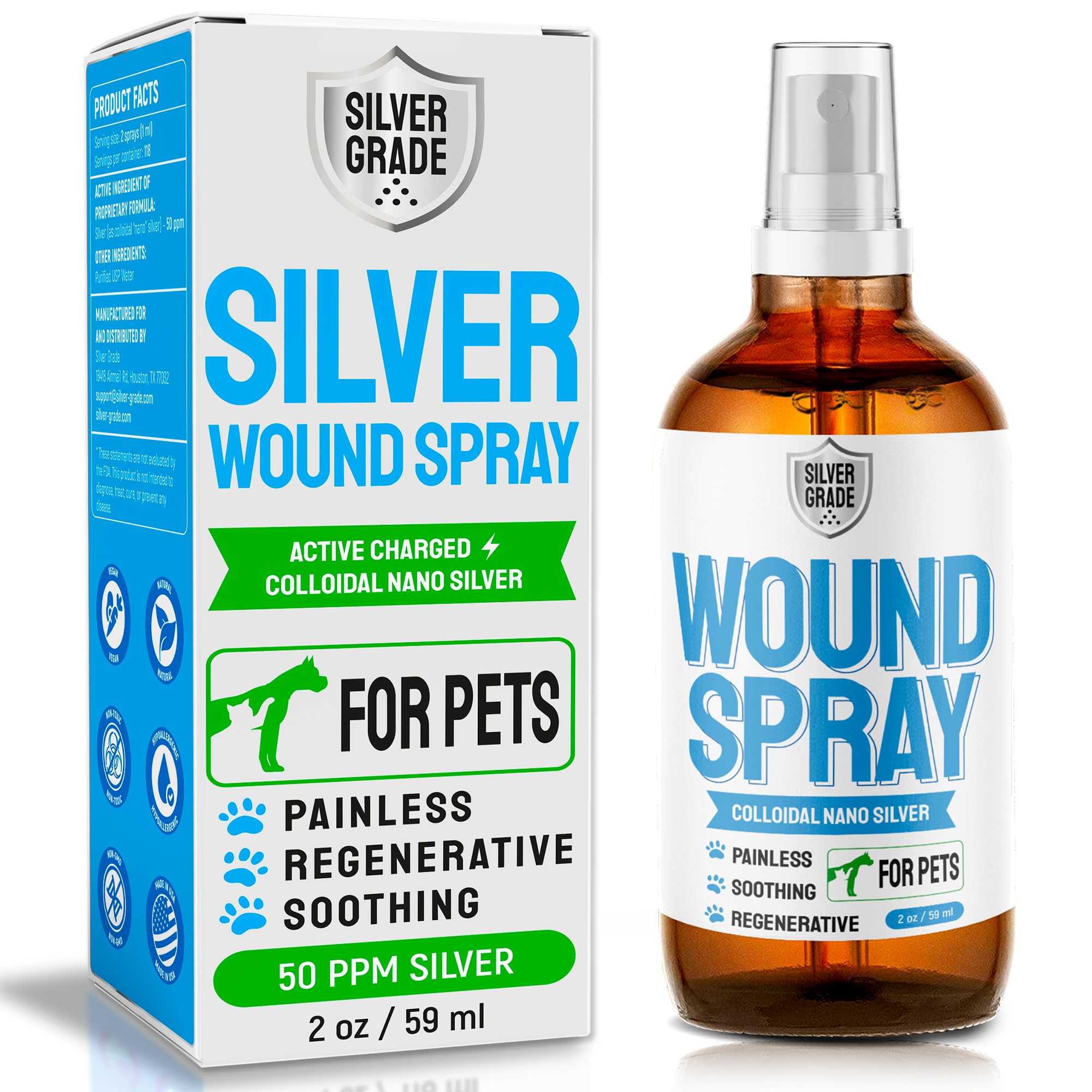 Wound Spray for Pets ● Colloidal Silver Wound and Skin Care for Dogs & Cats ● Helps with Rashes, Hot Spots, Itch, Scratching, Skin Irritation, Bites & Burns ● Safe if Licked (2 Oz, Wound Spray)