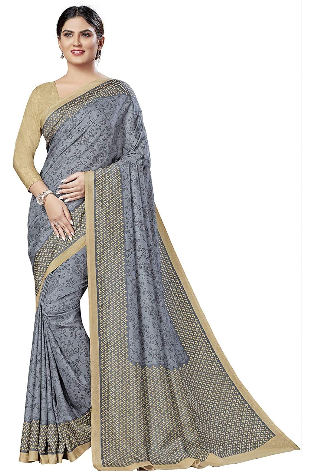 Shree Shan FashionWomen's Printed Art Silk Saree with Blouse Piece (3909Cg_Grey)