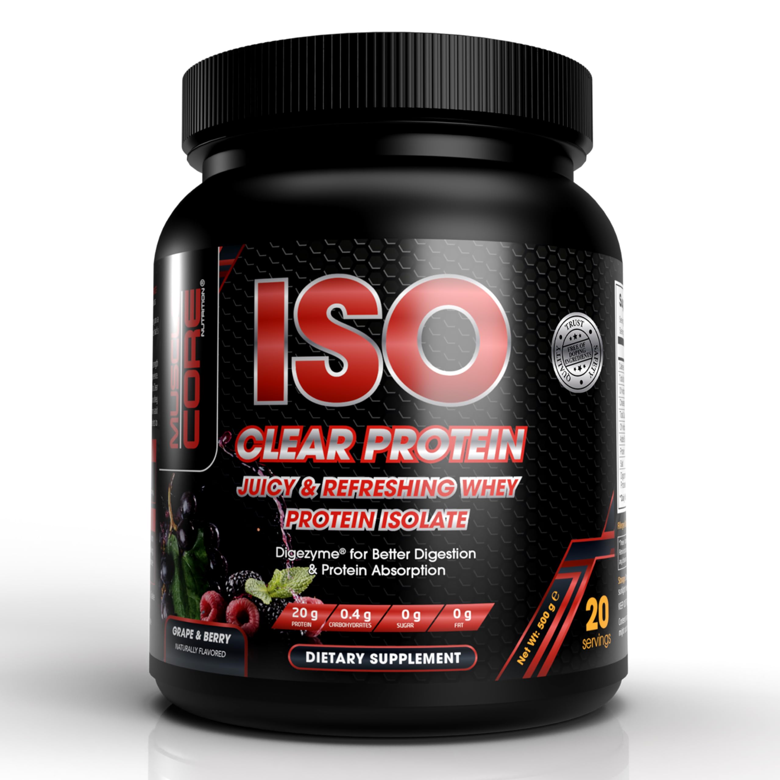 Muscle Core ISO Clear Whey Protein Isolate with Digezyme Digestive Enzymes I 20 Grams Protein, 5.5 Grams BCAA I Maximum Muscle Support & Recovery I Grape & Berry Flavour I 500 Grams (20 Servings)