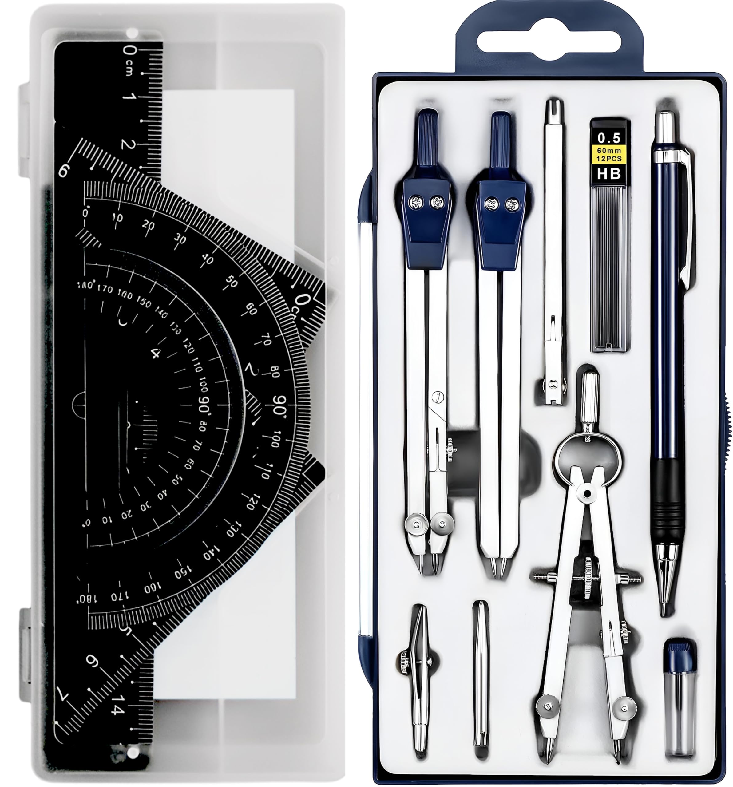 Professional Geometry Set Metal Compass, 13 pcs, Geometry Precision Tool Set with Shatterproof Storage Box, Drafting Tools & Drafting Kits, Circle Drawing Tools for Engineers Students (Black)