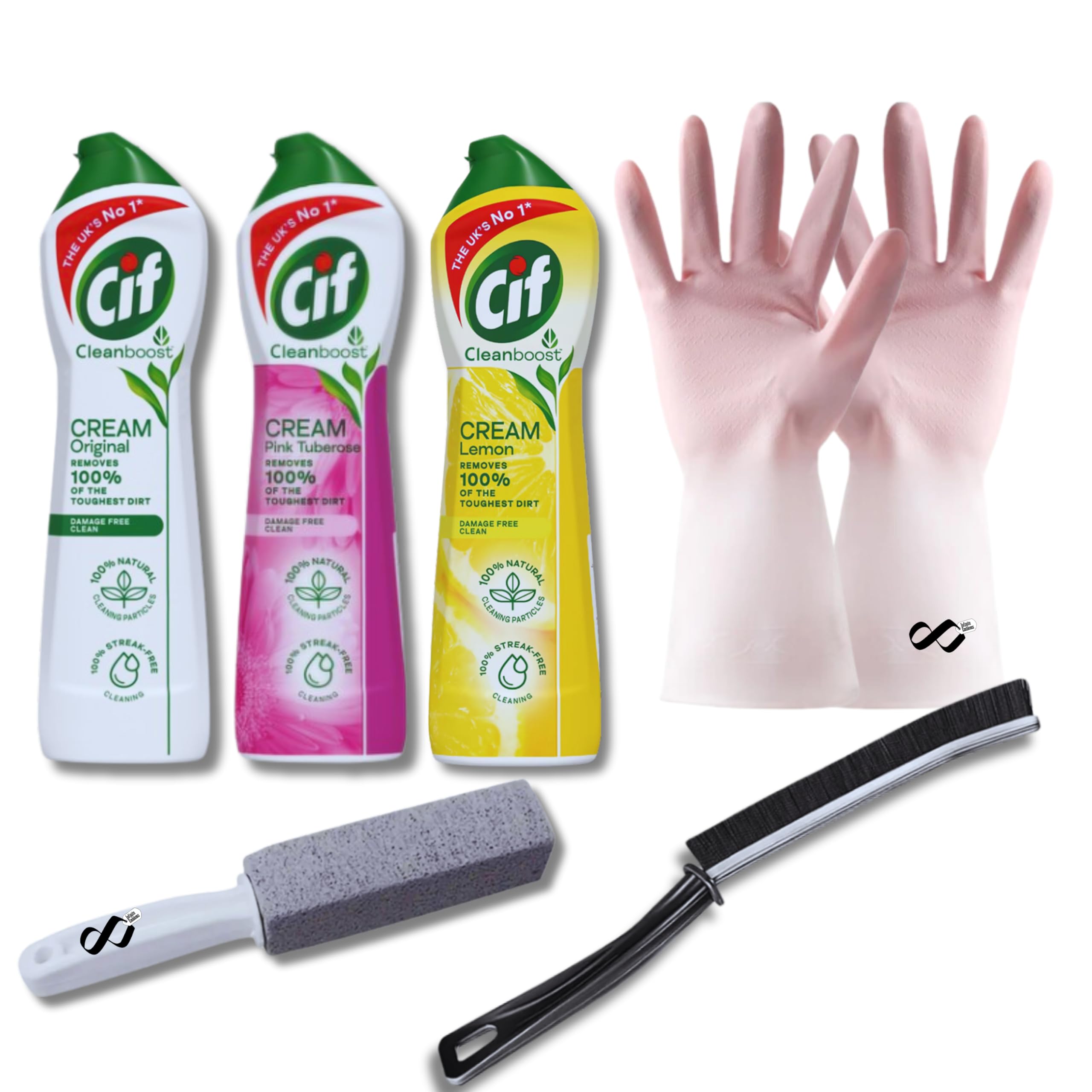 Multipurpose Cleaning Cream Bundle With Cif Cream Cleaner Original, Pink & Lemon & Infinite Emblems Pumice Stone,Crevice Cleaning Brush & Rubber Gloves.