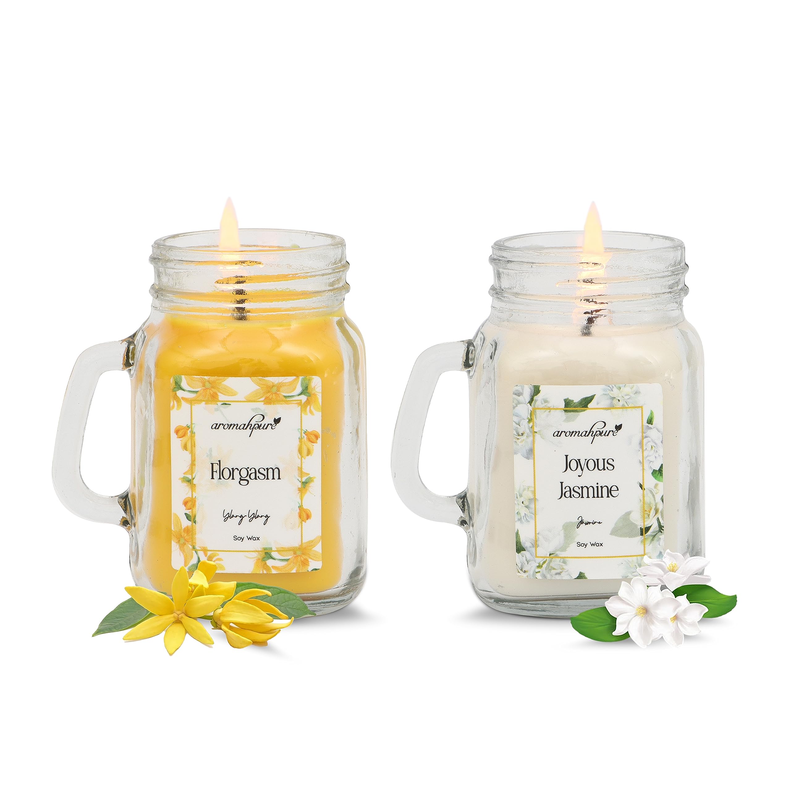 Aromahpure Mason Candle | Ylang Ylang, Jasmine Scented Candle | 100% Soy Wax, Smokeless Candle | Pack of 2 | Long Lasting Aroma Candles| Scented Candles for Home Décor