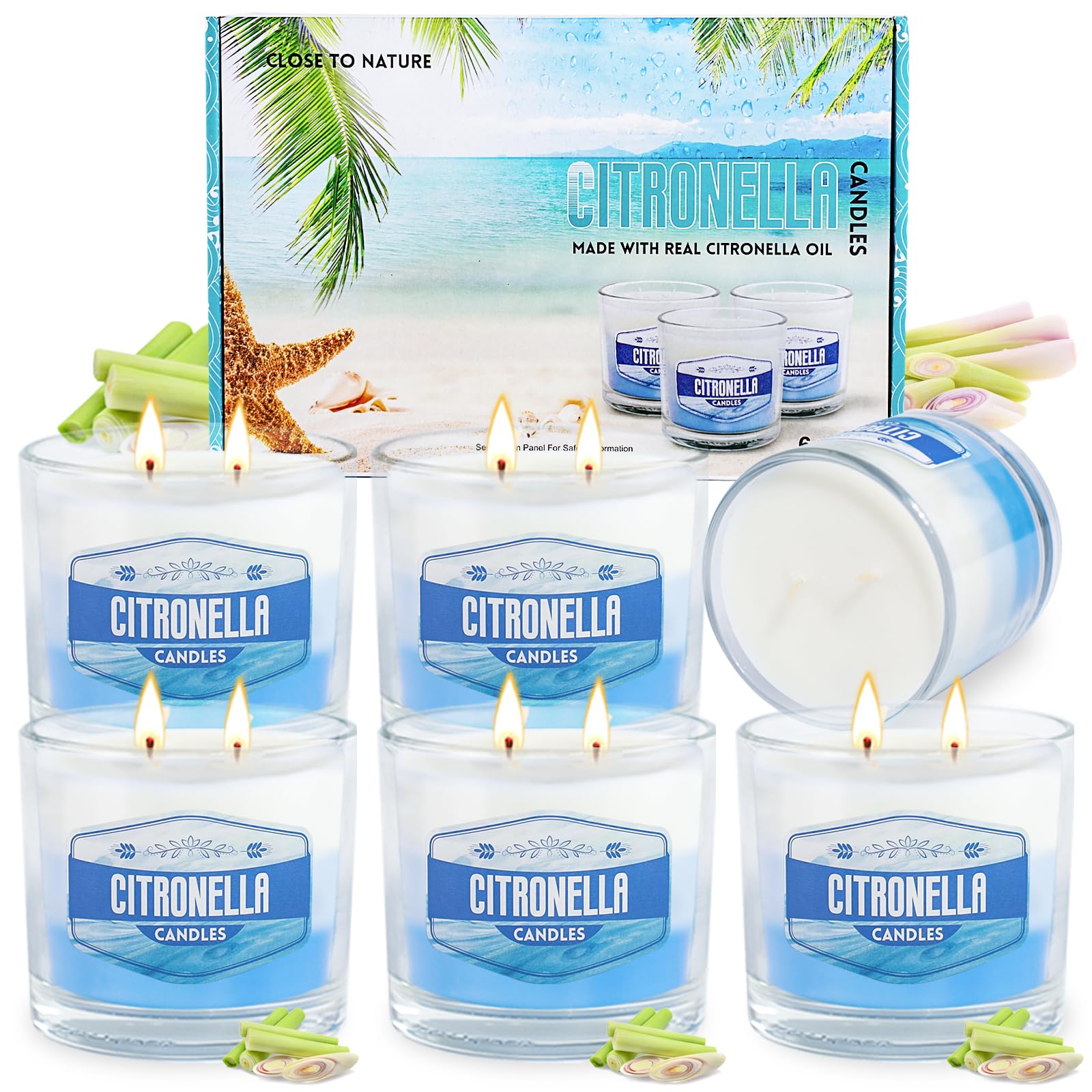 6 Pack Citronella Candles Outdoor, 2-Wick Large Citronella Candle for Patio, 60 Oz Fresh Citronella Soy Candle for Home, 450H Long Burn Outside Jar Candles for Yard Garden Balcony Camping Summer