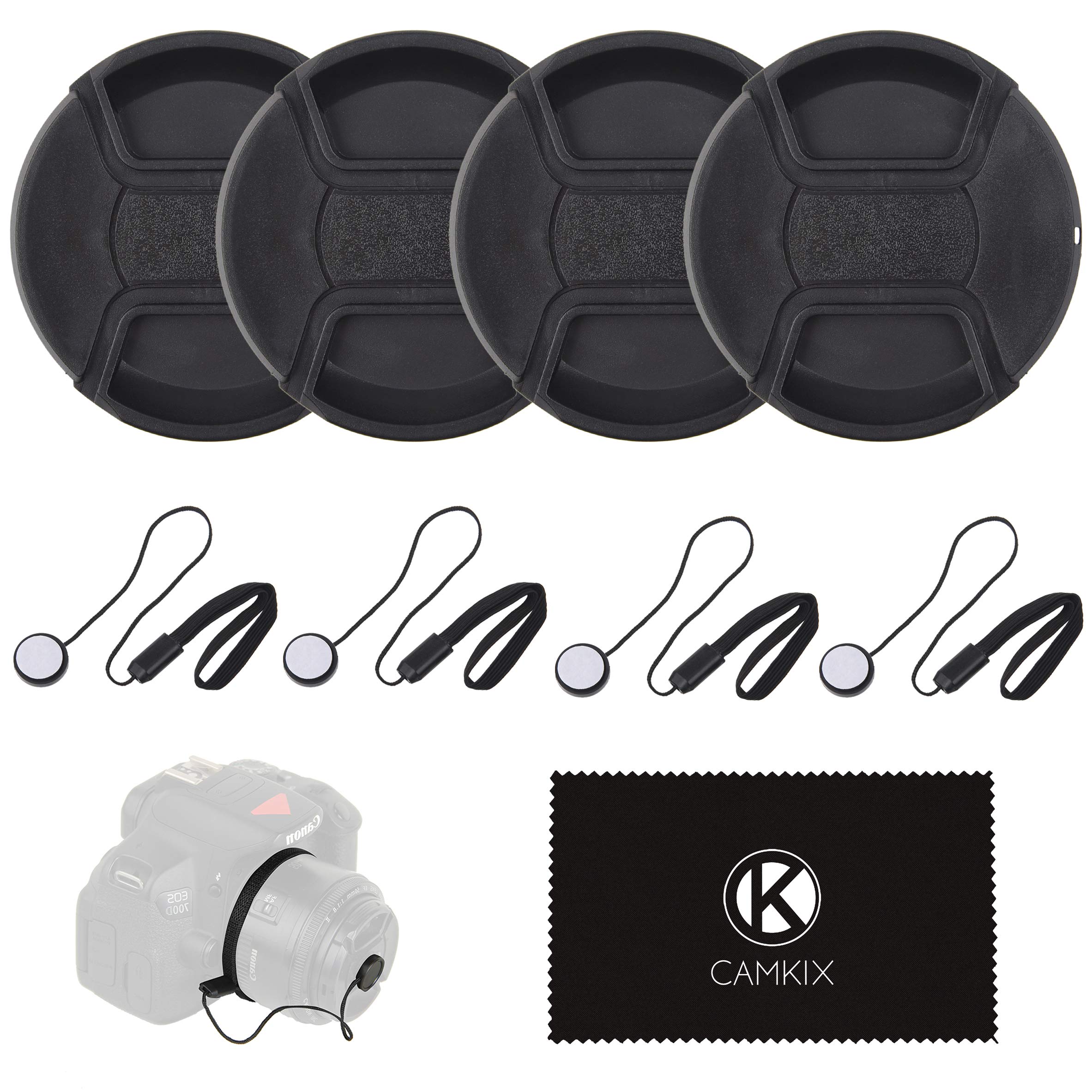 Lens Cap Bundle - 4 Snap-on Lens Caps for DSLR Cameras - 4 Lens Cap Keepers - Microfiber Cleaning Cloth Included - Compatible Nikon, Canon, Sony Cameras (77mm)