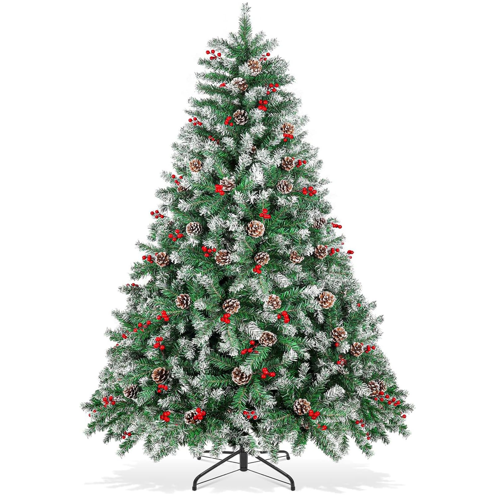 VUCATINChristmas Tree, 7ft Snow Flocked Artificial Christmas Trees with Pine Cones Berries Pre-Decorated, 1050 Frosted Branch Tip Xmas Trees Metal Stand Easy Assembly for Christmas Decorations (7ft)