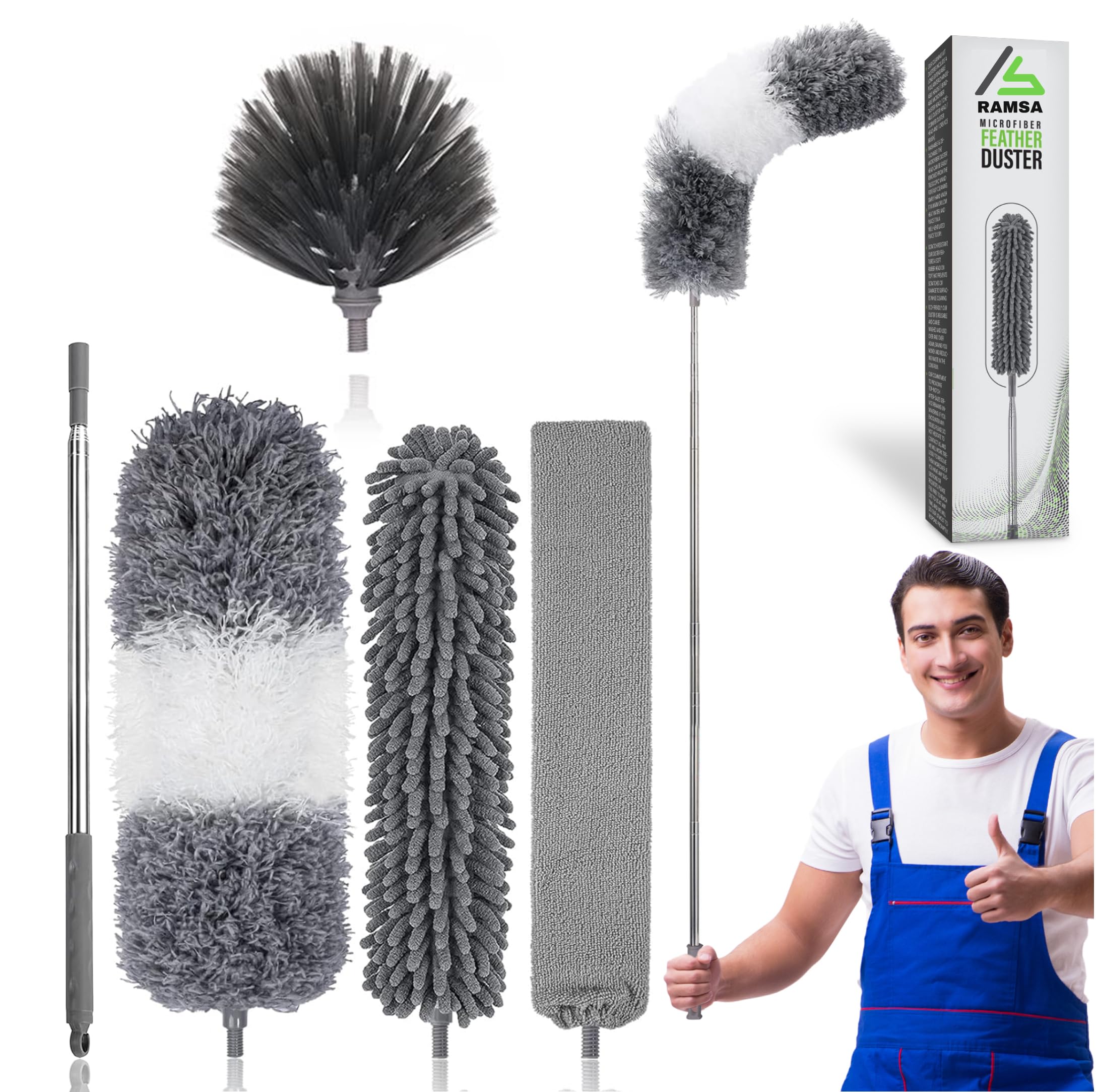 RAMSA 5-Piece Microfiber Feather Duster with Extendable Pole - Removable and Washable Heads, Reaching up to 100 Inches, Ideal for Home,Office, Car, and High Places الريش منفضة