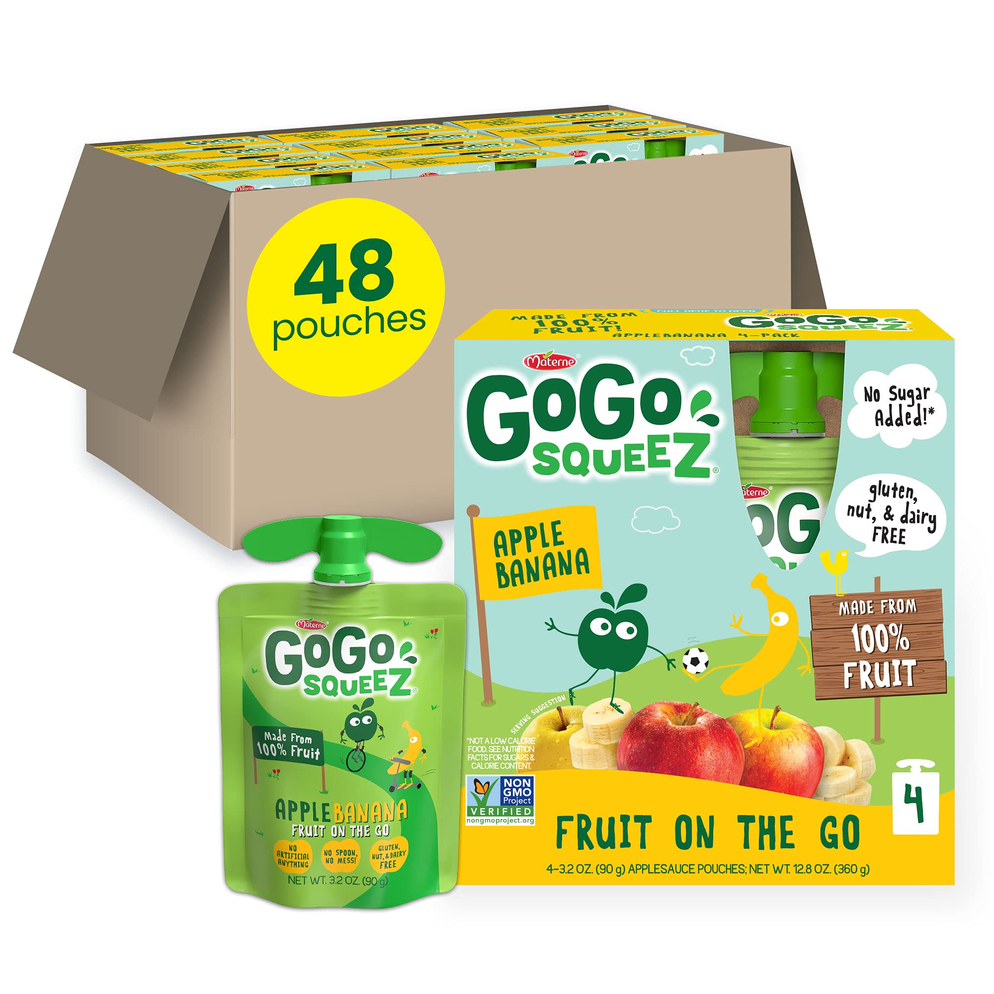 GoGo SqueeZFruit on the Go, Apple Banana, 3.2 oz (Pack of 48), Unsweetened Fruit Snacks for Kids, Gluten Free, Nut Free and Dairy Free, Recloseable Cap, BPA Free Pouches