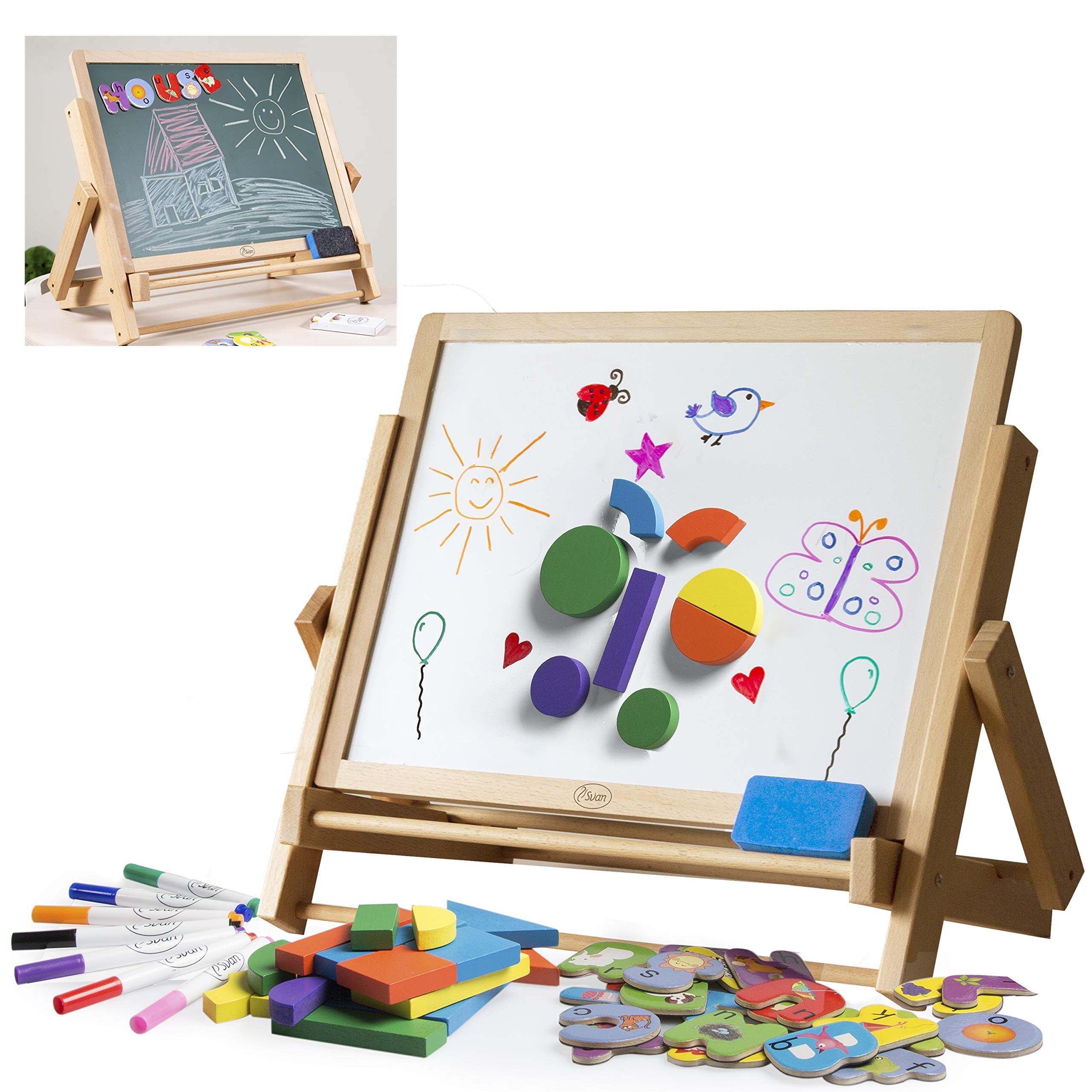 Double-Sided Tabletop Art Easel 80pc Activity Set for Kids - Travel Storage Case Included - Childrens Magnetic Whiteboard & Chalkboard w Dry Erase Markers, Alphabet Phonic Letters, and Shapes