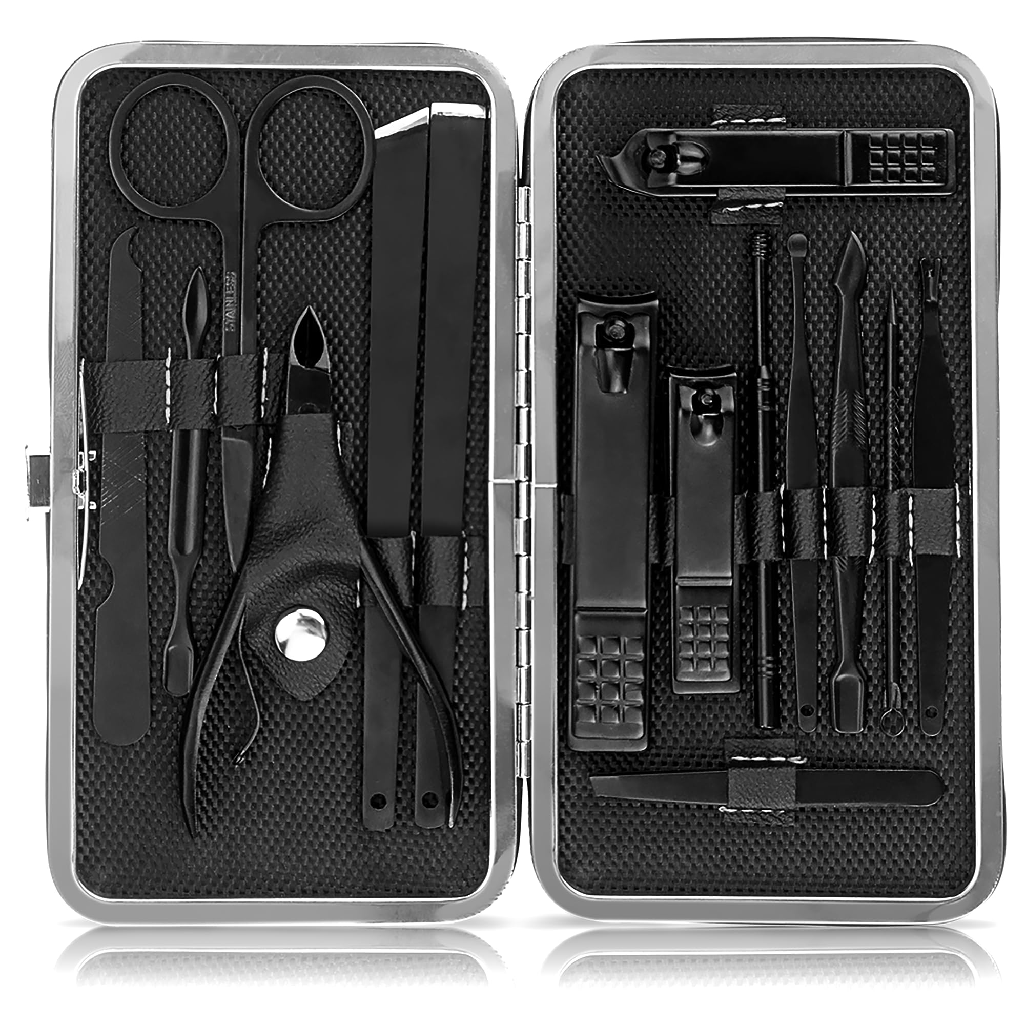 JamBer15PCS Professional Manicure Set, Stainless Steel Nail Clipper Set for Men Women, Portable Nail Care Tools Pedicure set with Luxurious Leather Case for Travel & Home