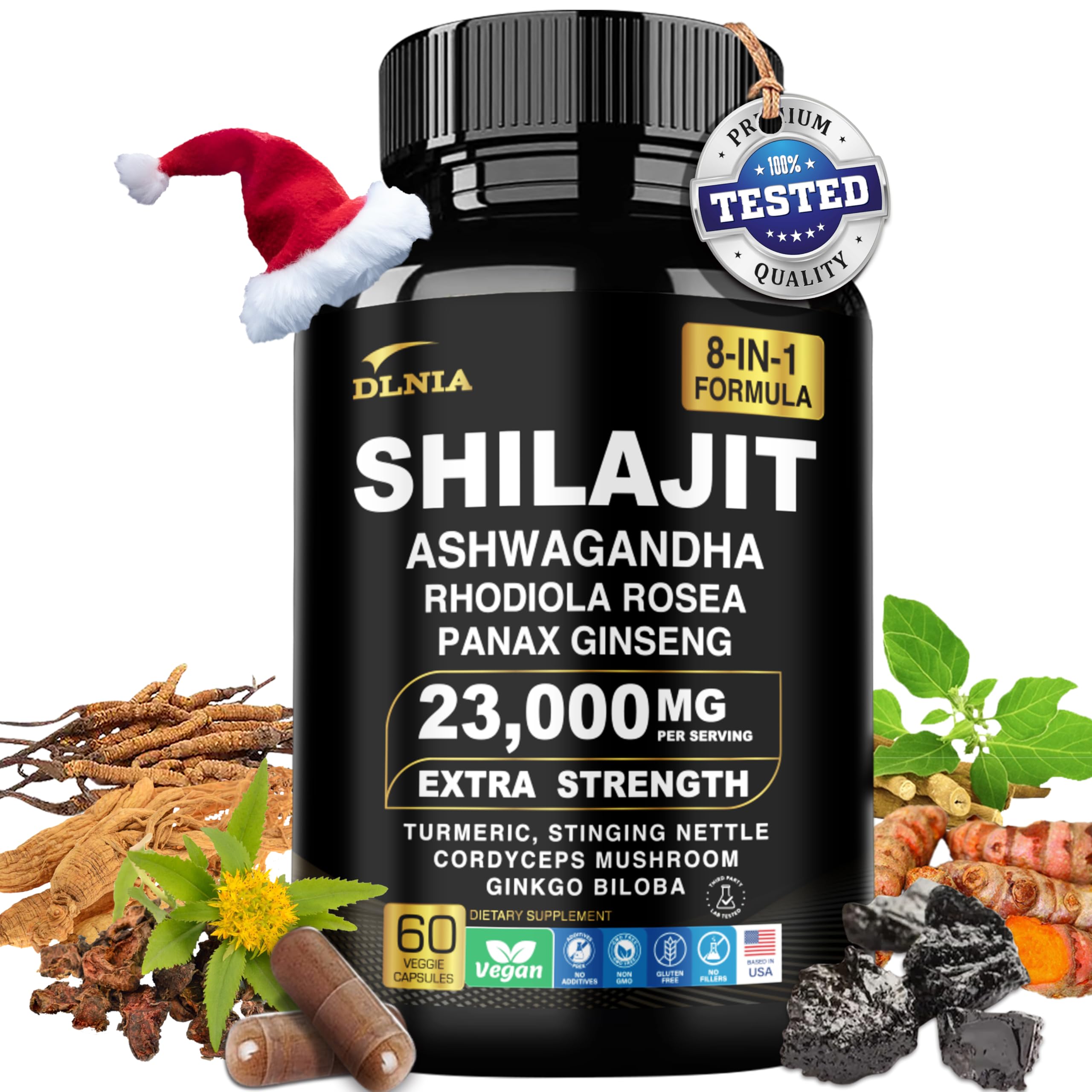 8-In-1 Shilajit Pure Himalayan Organic Supplement 9000MG with Rhodiola Rosea 1000MG, Ashwagandha 2000MG, Ginseng, Gingko Biloba, Turmeric, Cordyceps Mushroom, Stinging Nettle for Full Body Power