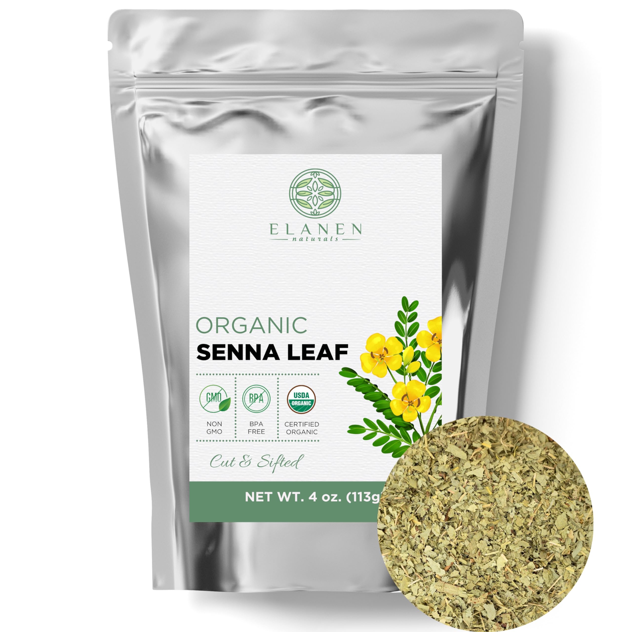 Organic Senna Leaf 4 oz. (113g), USDA Certified Organic Senna Tea Leaves Organic, Senna Herb, Senna Alexandrina, Folium Sennae, Sene, Hoja de Sen, Seena Leaf, Cut & Sifted