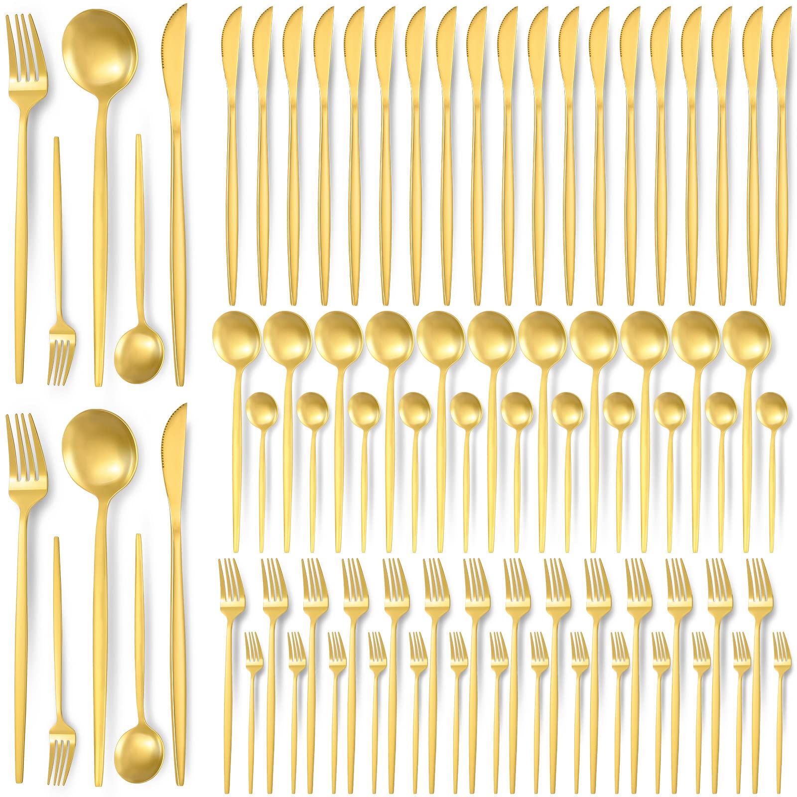 90 Pcs Gold Silverware Set, 18 Set Gold Flatware Cutlery for 5 Golden Stainless Steel Utensils Set Includes Forks Knives and Spoons for Kitchen Restaurant Home(Gold Handle)