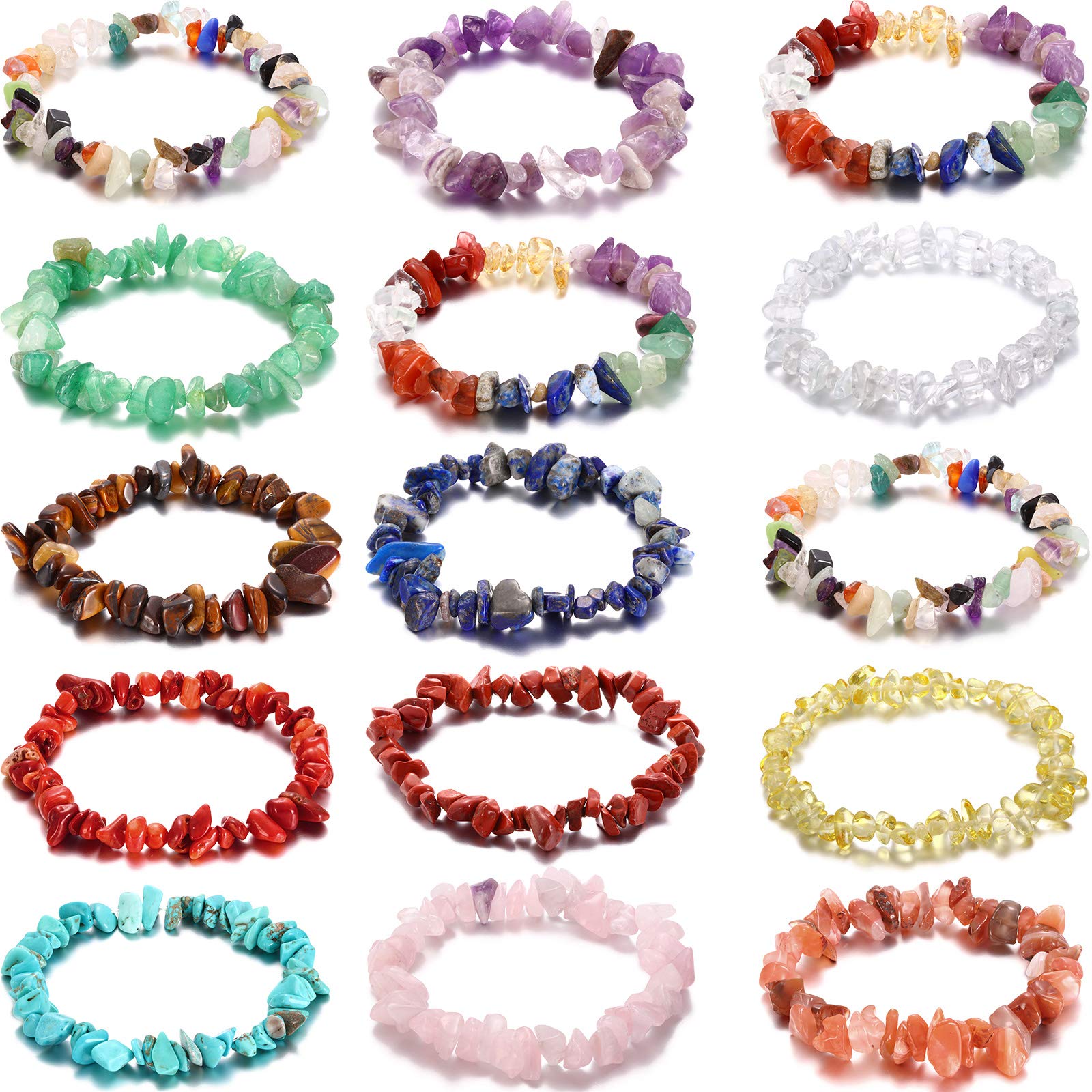 Hicarer15 Pieces Crystal Chip Bracelets Set Natural Gemstone Bracelets Crystal Stretch Bracelets Irregular Chips Beads Bracelet for Women Girls