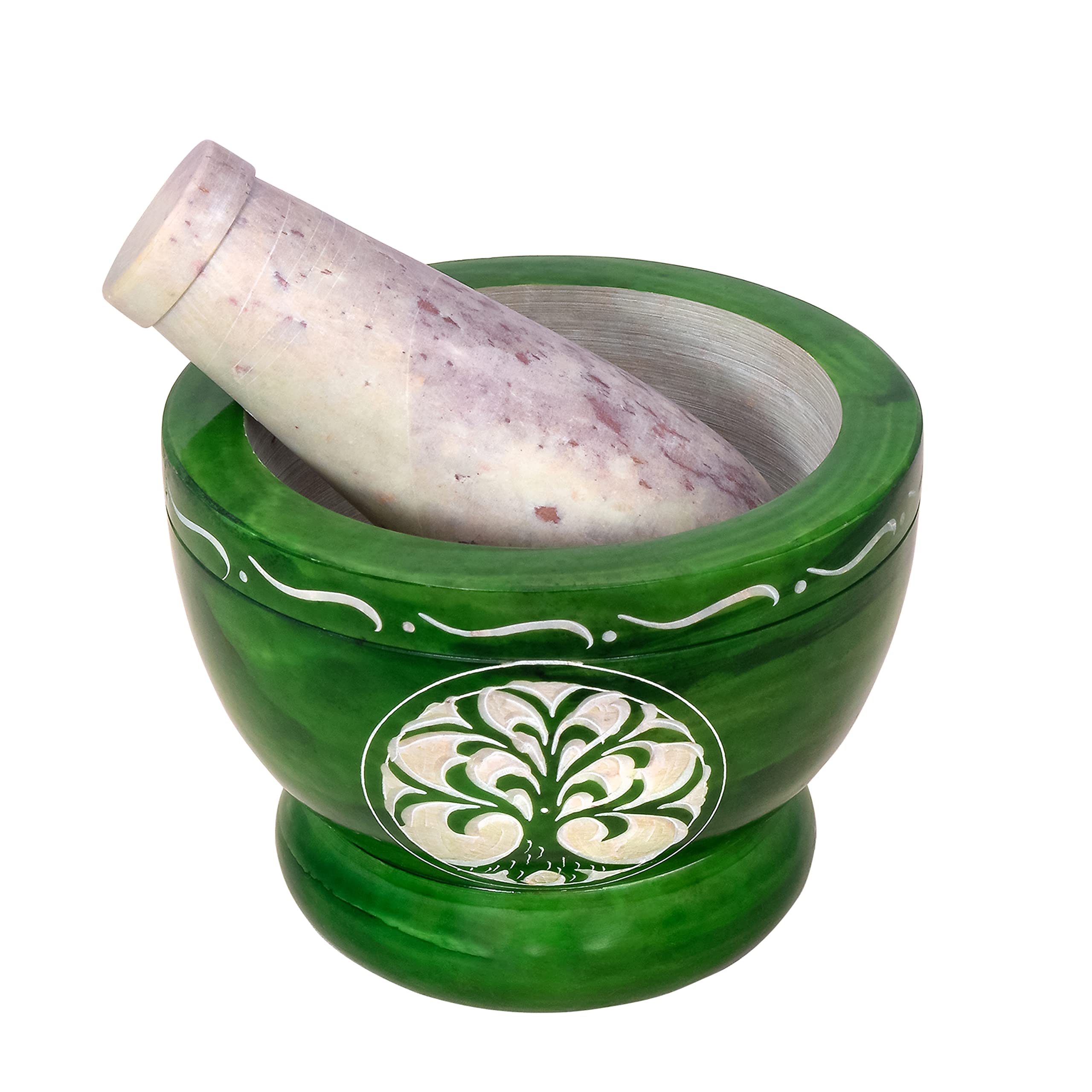 Divit Shilp Mortar and Pestle, Made of Heavy Duty Polished Hard Stone, Natural Stone Grinder for Spices, Pastes, Herbs, Seasoning etc. (Green Tree of Life)