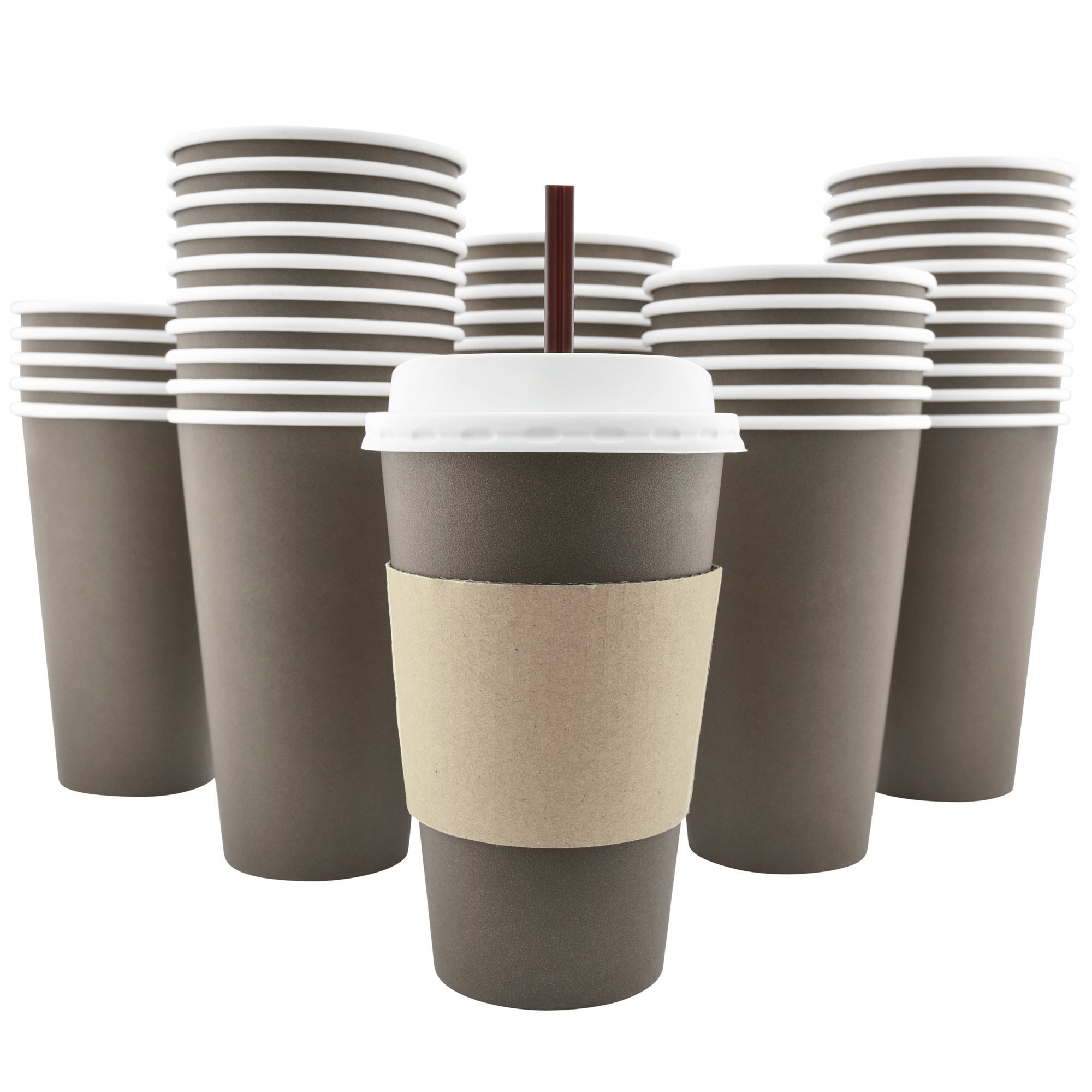 100 Pack - 12 Oz [8, 16, 20] [4 Colors] Disposable Hot Paper Coffee Cups, Lids, Sleeves, Stirring Straws - Mocha Brown