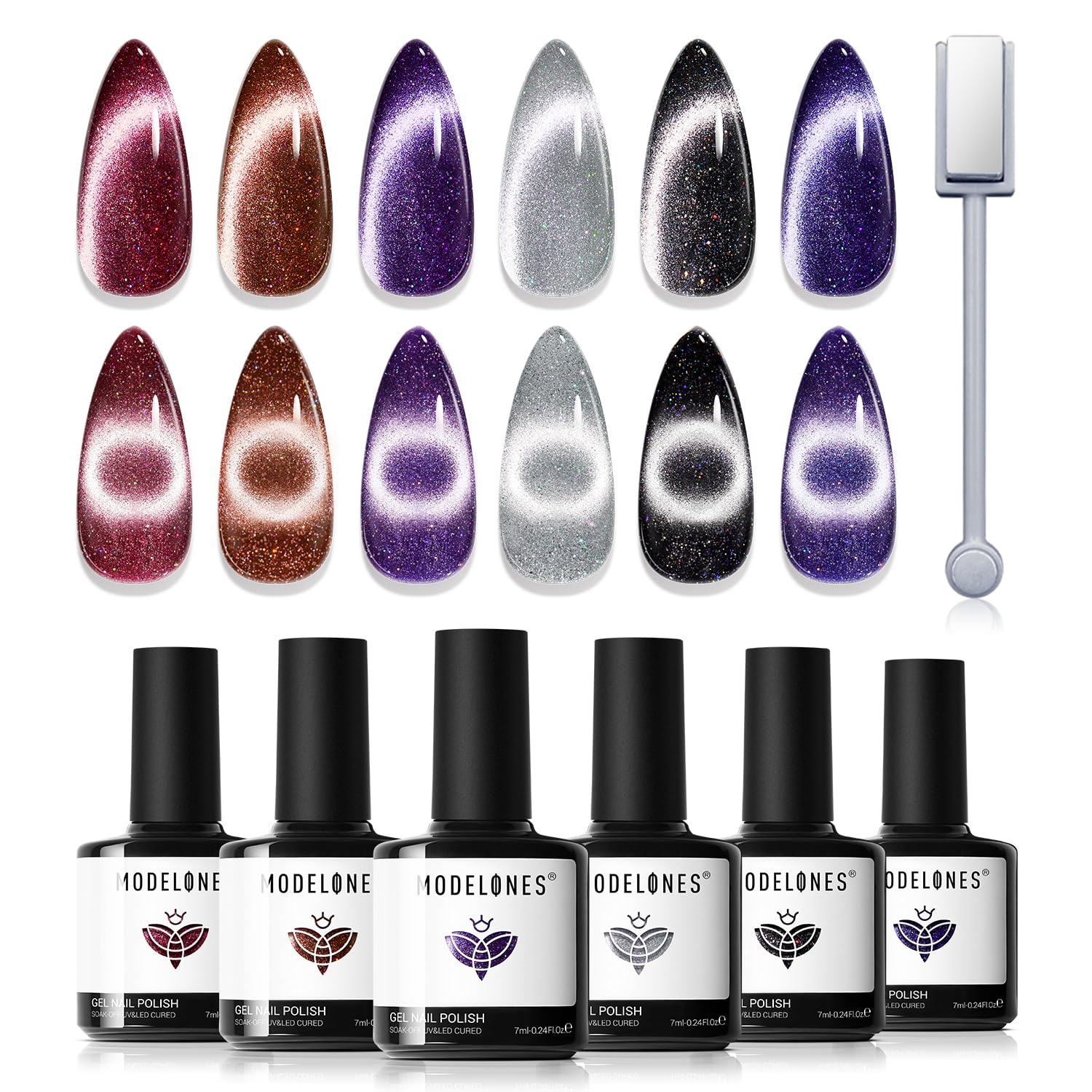 modelonesCat Eye Gel Nail Polish Set, 6 Colors Holographic 9D Cat Eye Glitter Gel Polish Black Red Purple Blue Silver Brown Nail Gel Polish with Magnet Soak Off Led Mani Nail Art Gel DIY Salon Gift