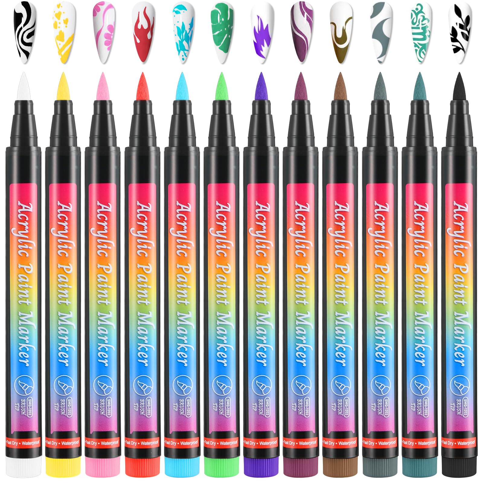 Amaxiu 12 Colors Nail Art Pens Set, Waterproof Nail Polish Pens Quick Dry Acrylic Nail Art Painting Pen with Soft Bristles Pen Nib Nail Graffiti Dotting Drawing Pen Liner Brush for Nail Design Beauty