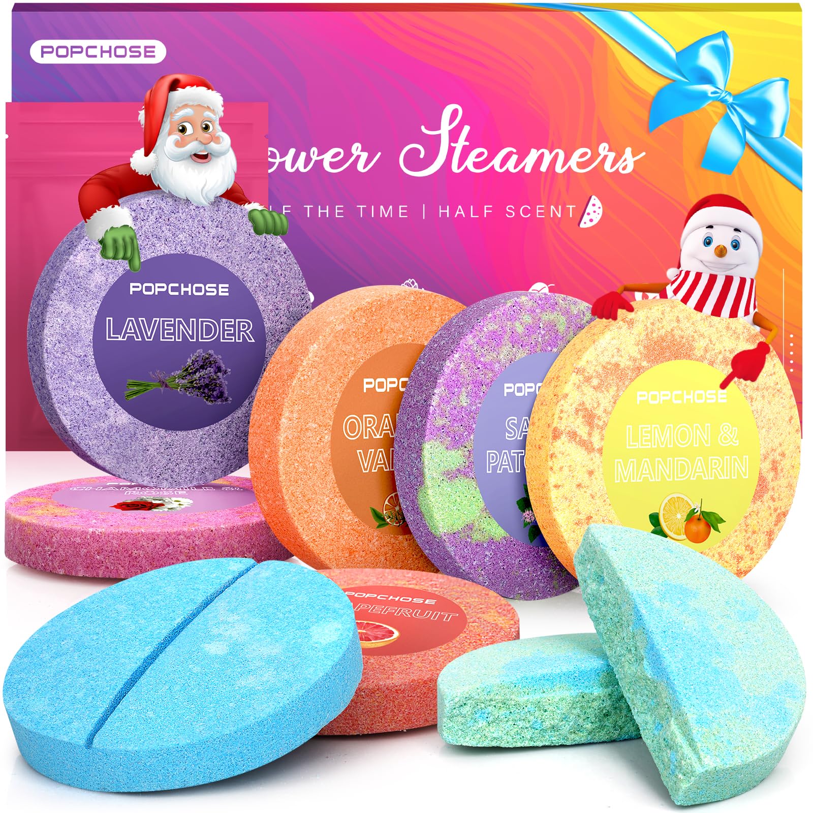 POPCHOSE Shower Steamers Aromatherapy 8 Scents- Christmas Stocking Stuffers, Birthday Gifts for Women, Mom, Men, Self Care Gifts with Natural Essential Oil, Stress Relief & Home Spa Shower Bombs