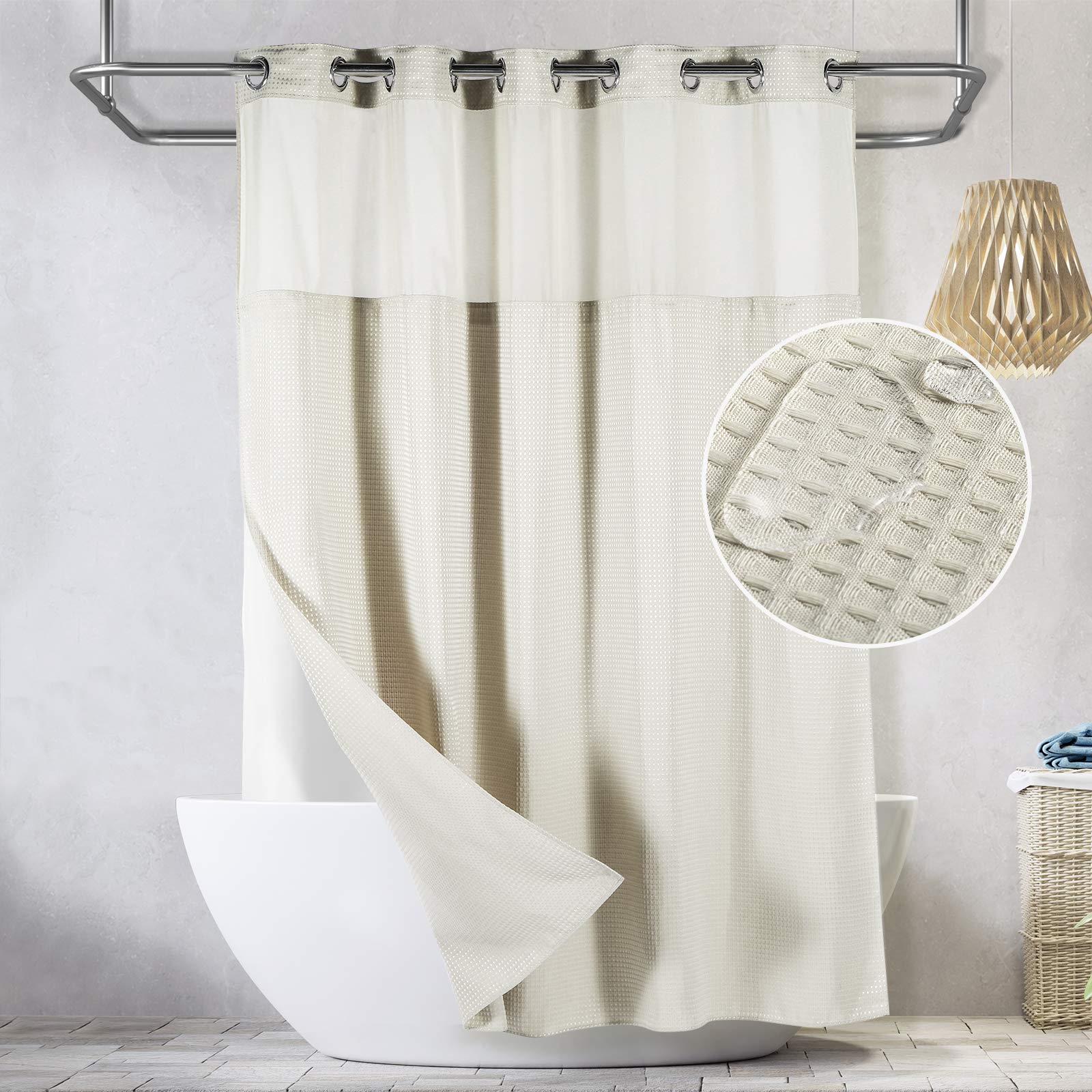 Lagute SnapHook Waffle Weave Fabric Hook Free Shower Curtain with Snap-in Liner, Heavy Duty Bath Curtain with See Through Top, Hotel Grade, Machine Washable, 71Wx78L, Cream