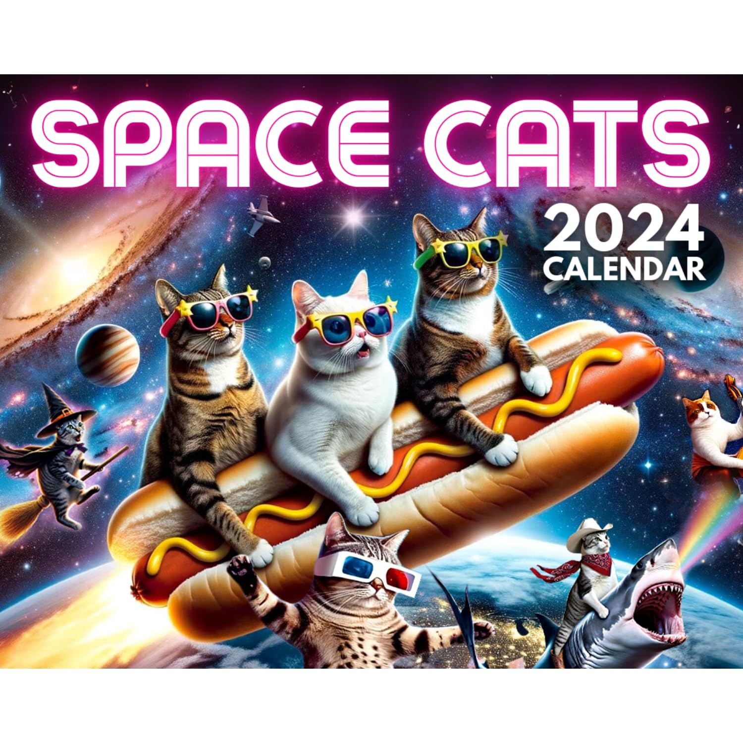 Space Cats Wall Calendar 2024 | Funny Cat Themed Gifts For Cat Lovers Featuring Shark Cat, Tuxedo Cat, Grumpy Cat & Other Silly Space Fun