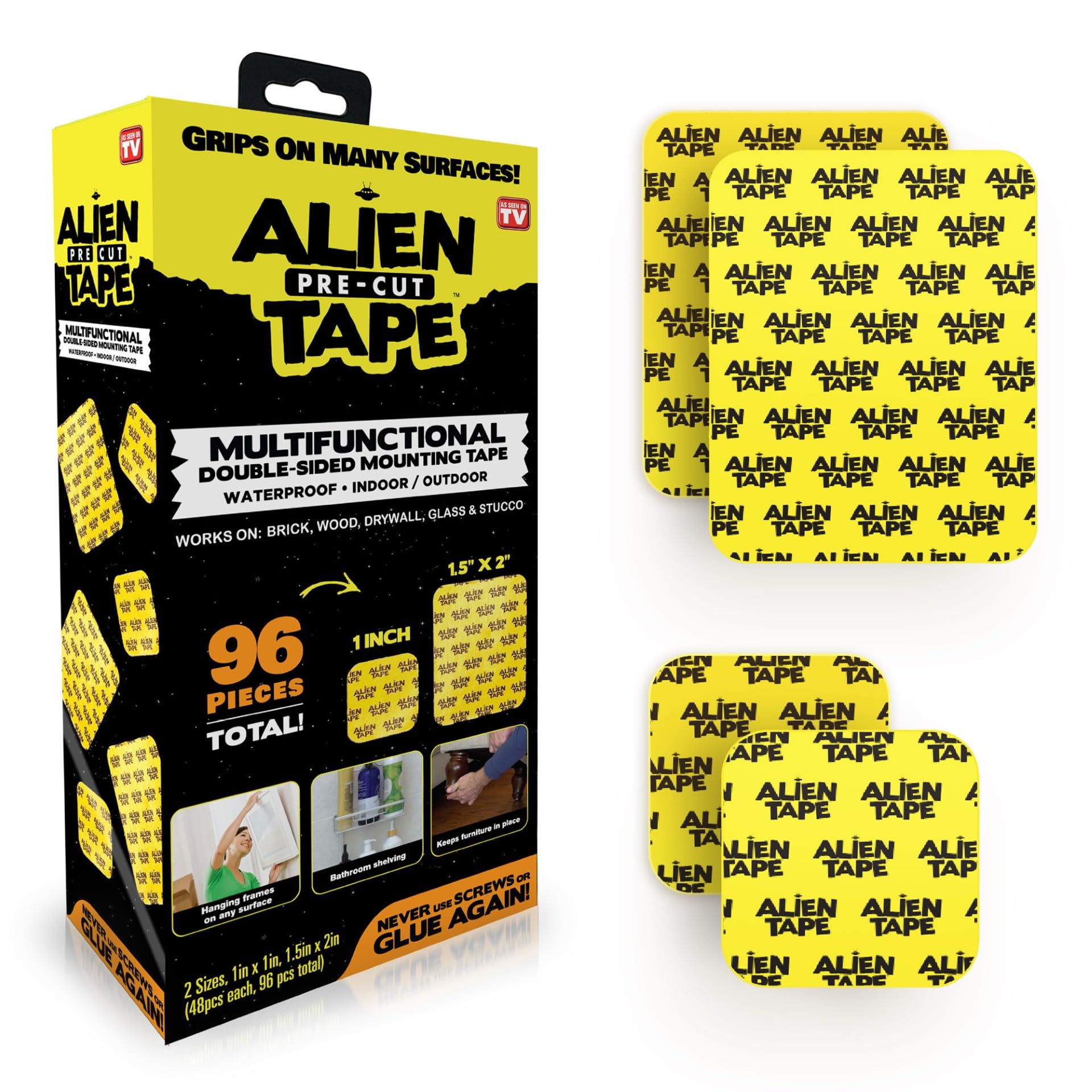 Bell+Howell Alientape Pre Cut 96 Piece Set Double Sided Tape Multipurpose Removable Adhesive Transparent Grip Mounting Strips Washable Strong Sticky Heavy Duty for Carpet and Crafts