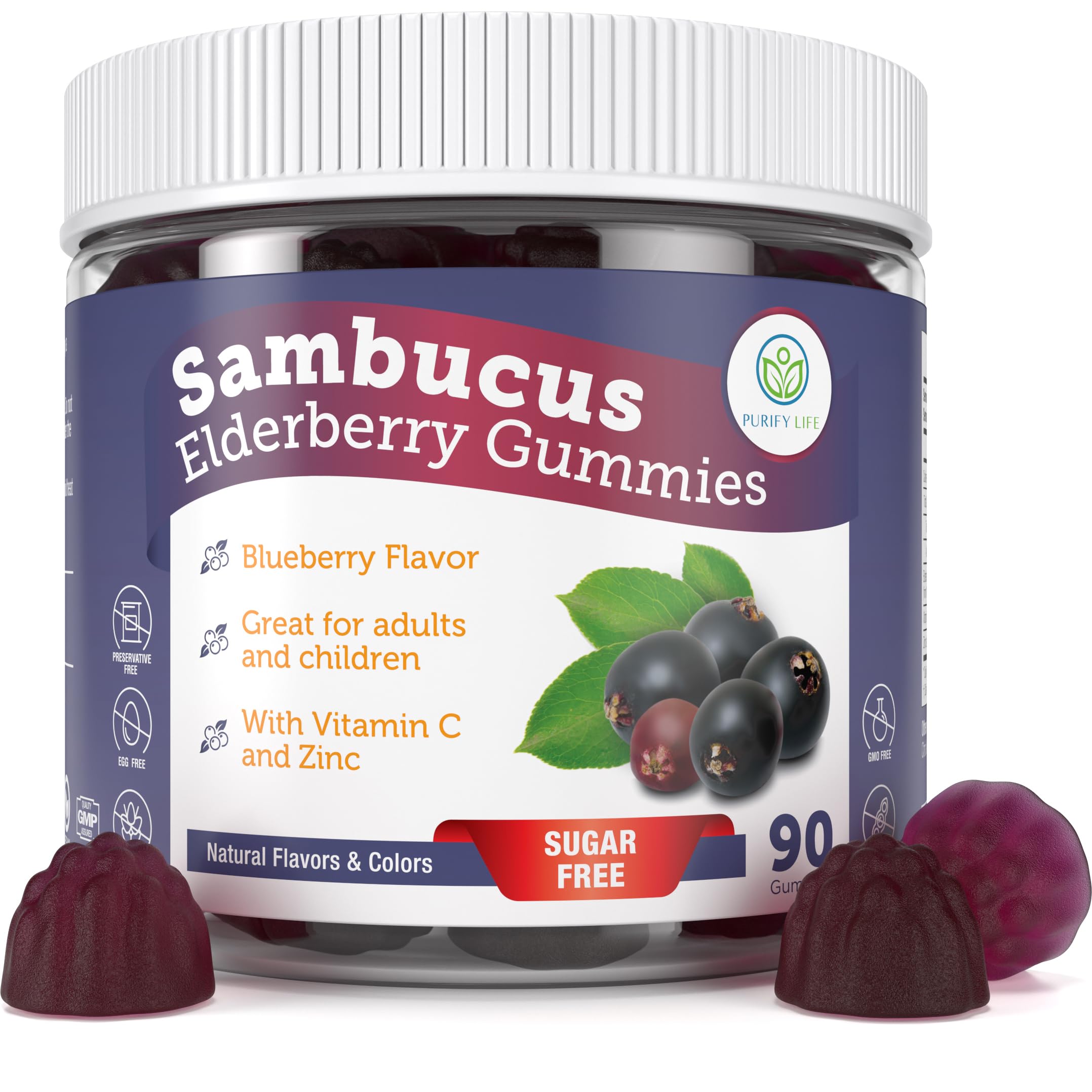 Sugar-Free Elderberry Gummies with Vitamin C & Zinc for Adults and Kids, Elderberry Immune Support Supplement Gummies for Respiratory Health, Sambucus Elderberry Antioxidant Gummies - Vegan, 90 Count