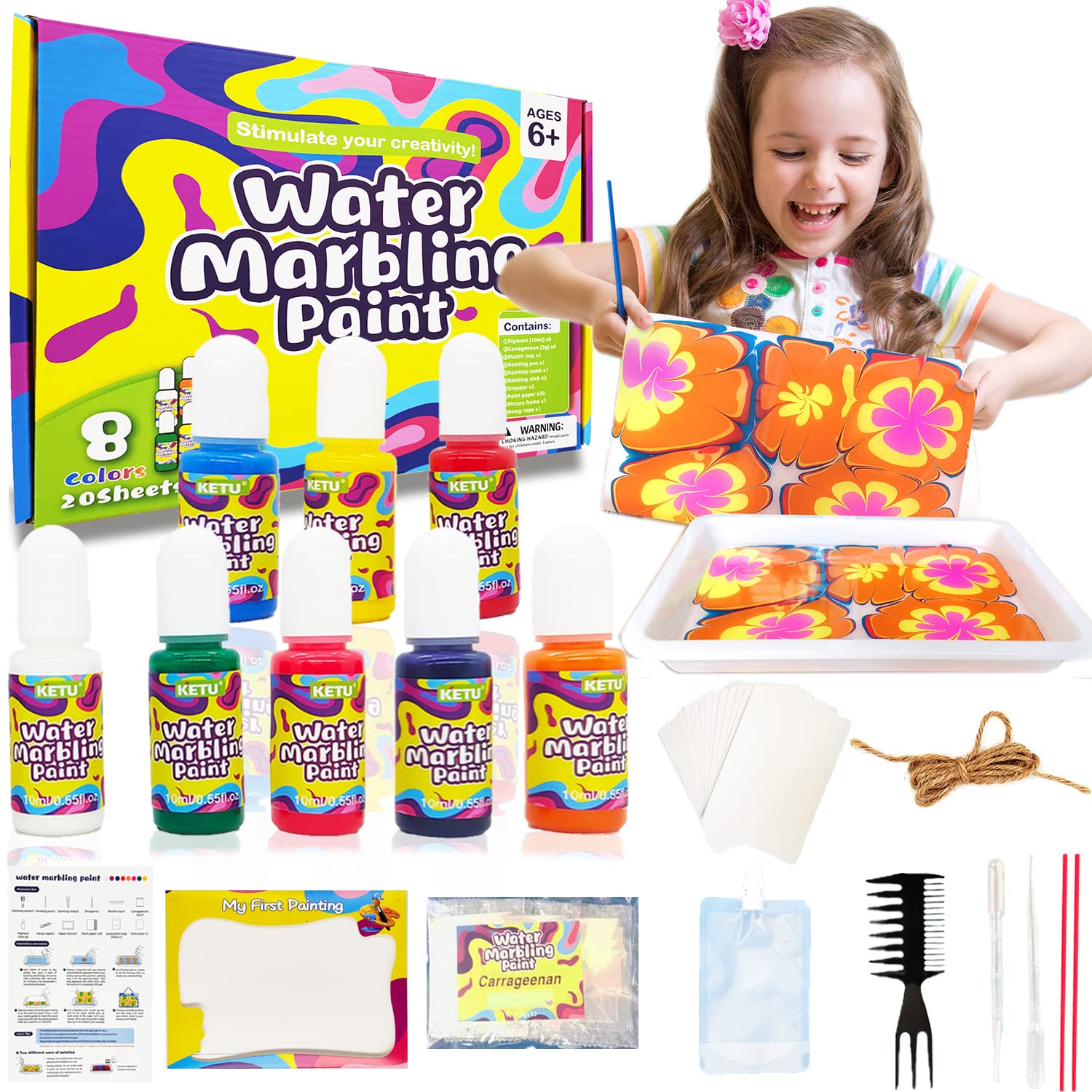 Yoawllty Toys for Girls, Marbling Paint Art and Crafts Kits for Kids, Girls Toys, Creative Art Set for Girls and Boys 8 Colors(10ml Each), Water Marble Kit Art Painting Set for Ages 6+