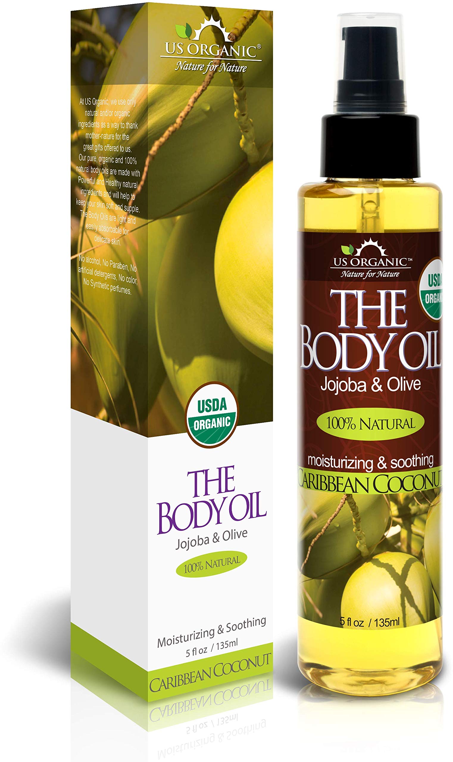 US Organic Body Oil, Smooth Caribbean Coconut - Jojoba and Olive Oil with Vitamin E, USDA Certified, No Alcohol, Paraben, Artificial Detergents, Color or Synthetic perfume, 5 Fl.oz (Caribbean Coconut)