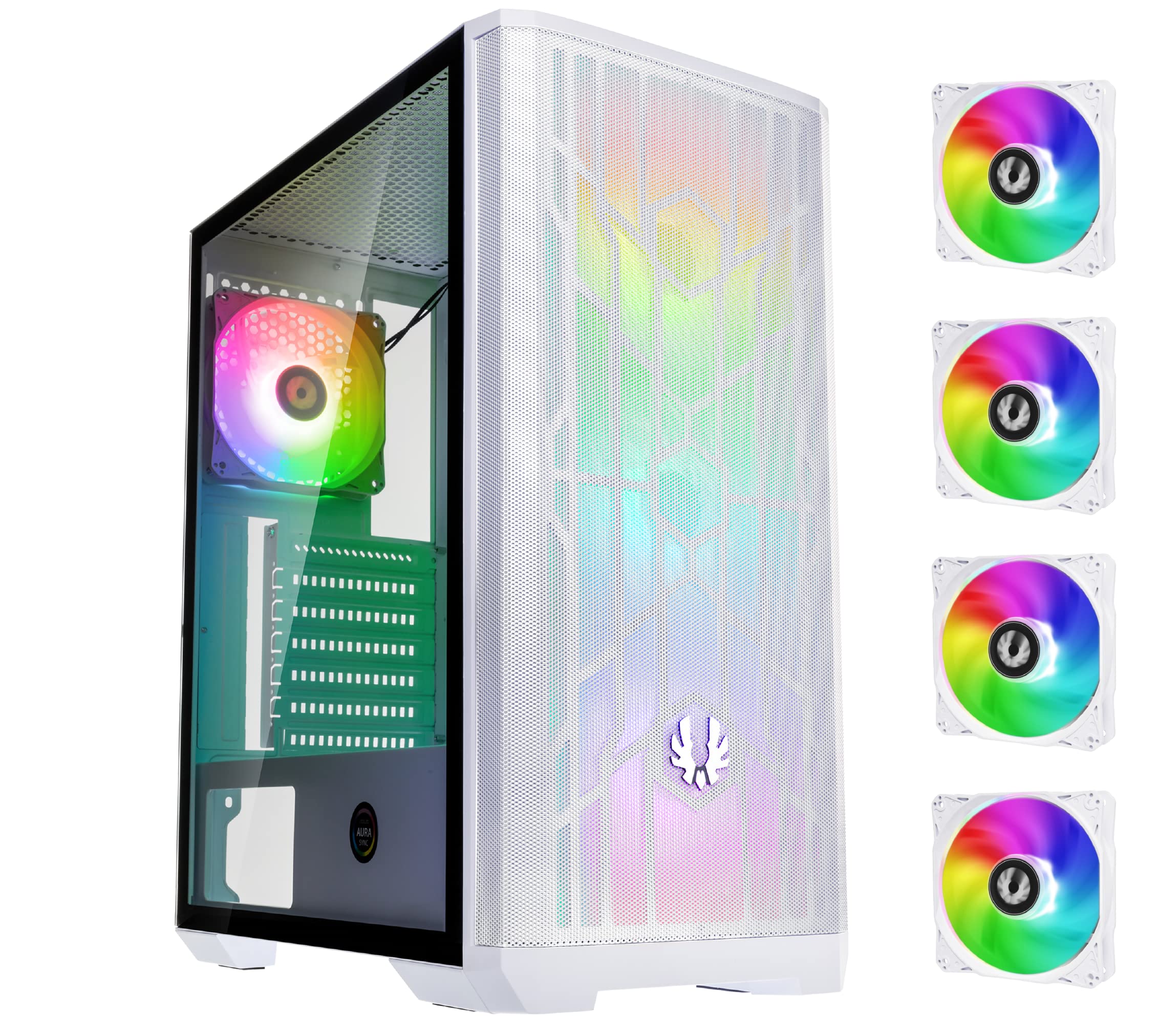 BitfenixNova Mesh SE TG ARGB Edition High Airflow PC Gaming Case White ATX 4xARGB Fans Pre-Installed Temper Glass Aura SYNC/Mystic Light/RGB Fusion 2.0, 6+6 Controller (LED/PWM System)