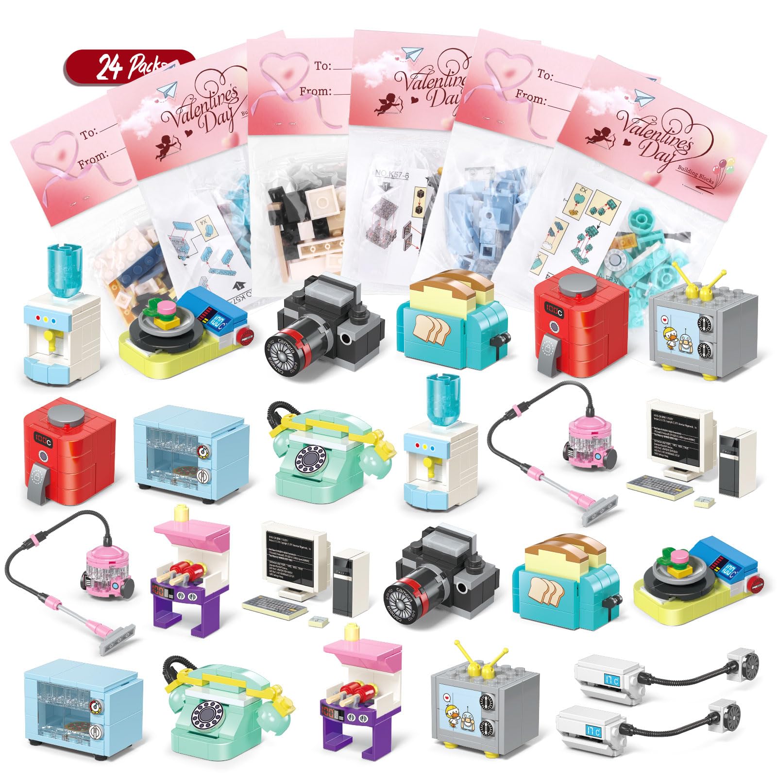 Valentines Day Gifts for Kids Classroom & Party, 24 Pack Appliances Building Blocks and Valentines Cards, Party Favors Toys for 3+ Years Old Boys & Girls