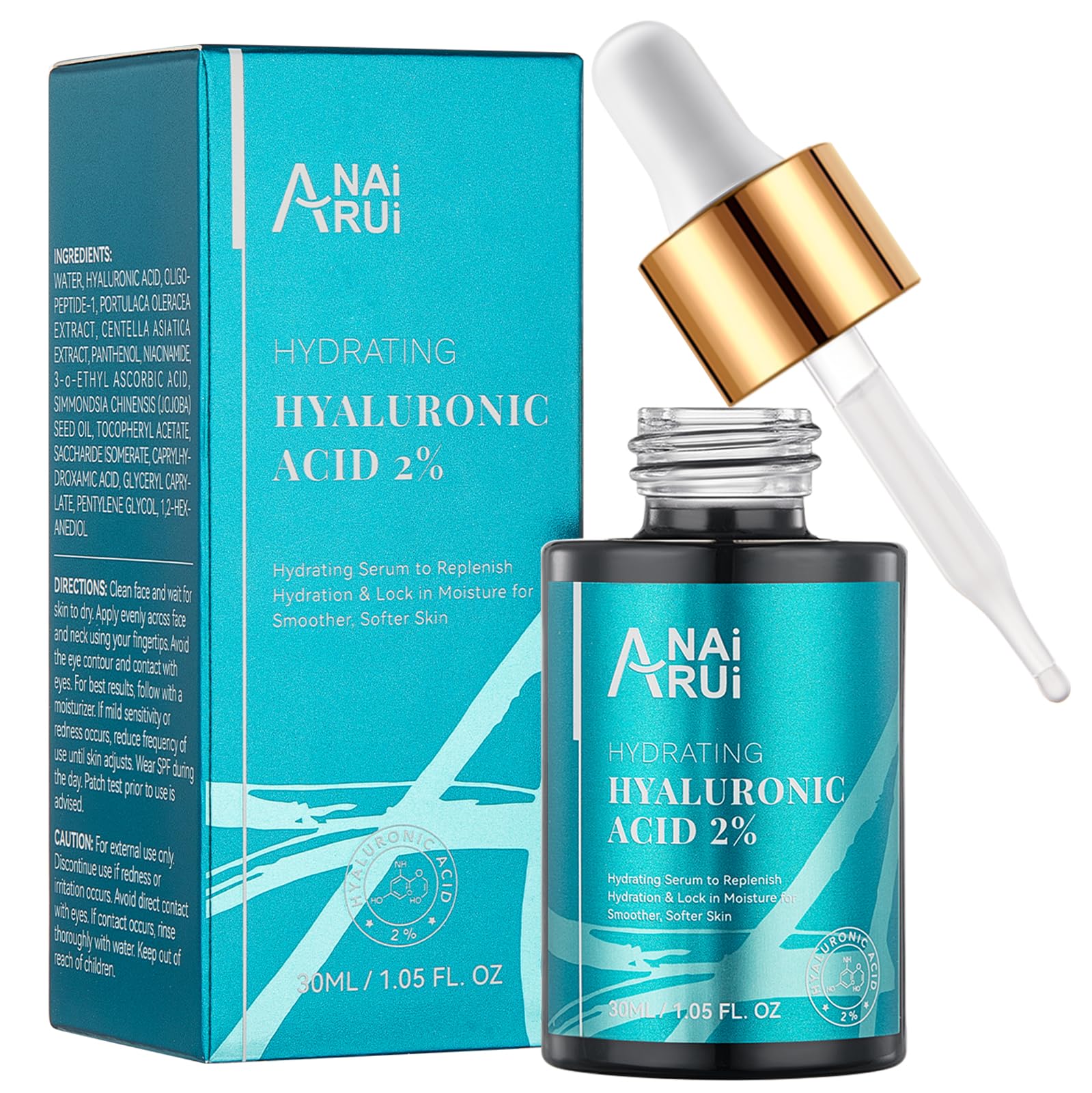 ANAI RUI Hyaluronic Acid Serum for Skin 2% with Vitamin B5, C& E - Intense Hydration + Moisturizer, Plumps & Increase Firmness, Non-greasy, Paraben-free - 1. Fl Oz