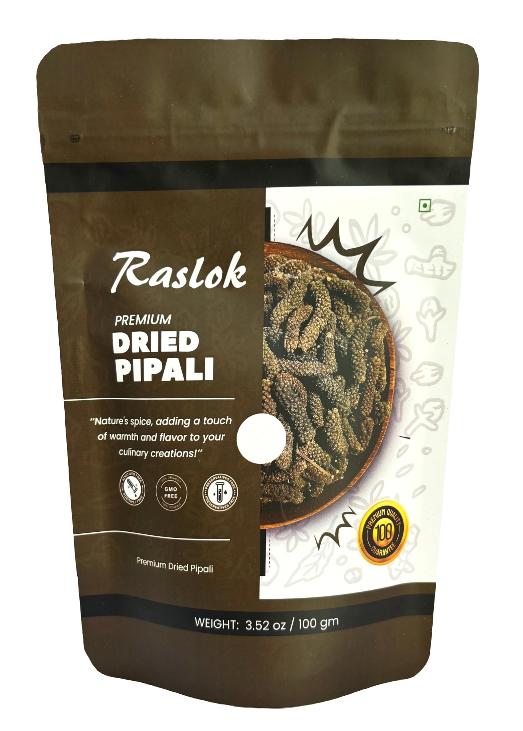 Raslok Dried Pippali Indian Long Pepper Whole | 3.52 oz - 100gm | Pipli Spice Long Pippali Whole | Indian Spices | Organic Whole Black Pepper | Multipurpose Seasoning | Resealable Bag