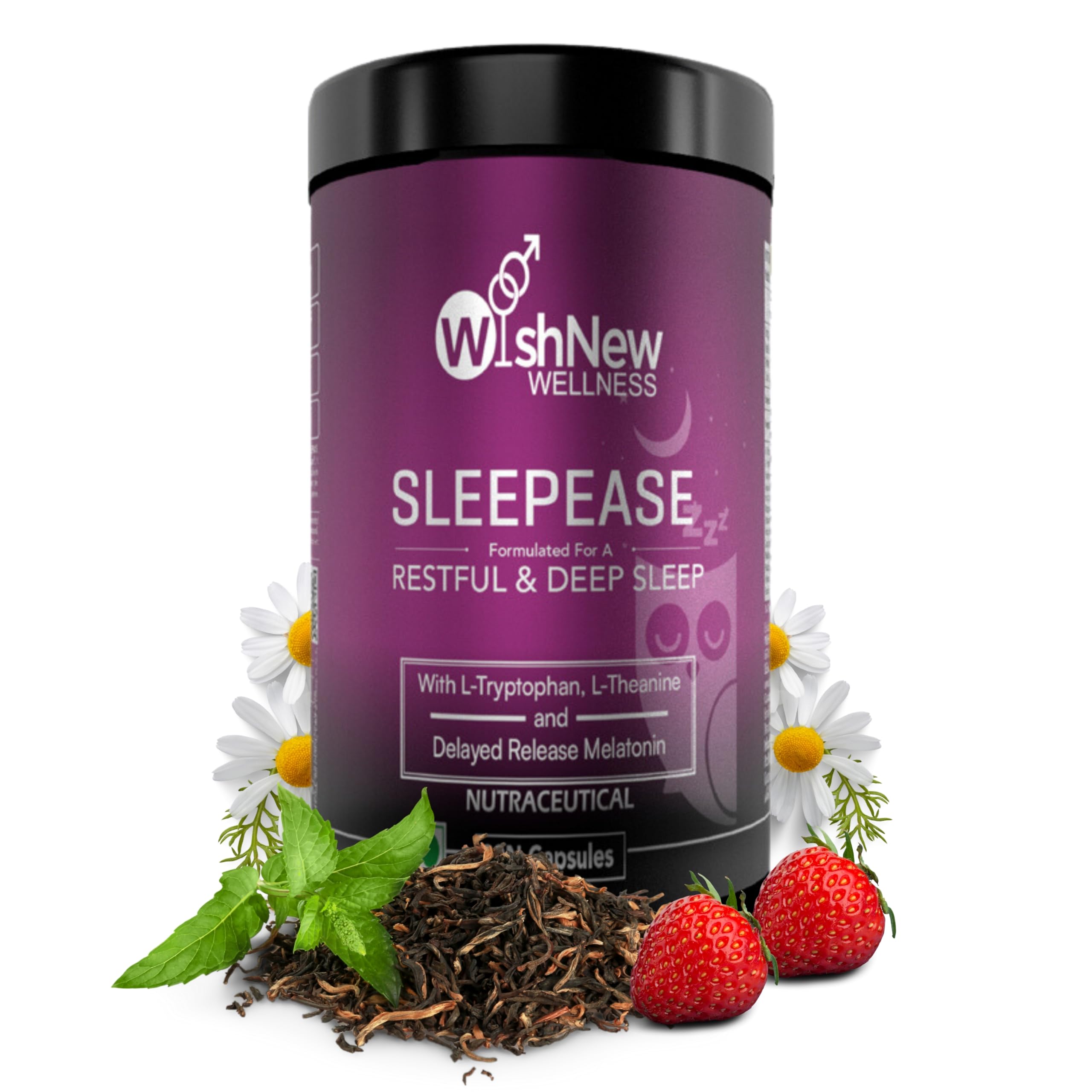 WishNew Wellness SLEEPEASE | 30 Veg Capsules | Advanced Sleep Formula | L-Theanine, Melatonin, Valerian, Ashwagandha | Deep Restful Sleep | Non-Habit Forming | 100% Vegetarian | Enhanced Relaxation