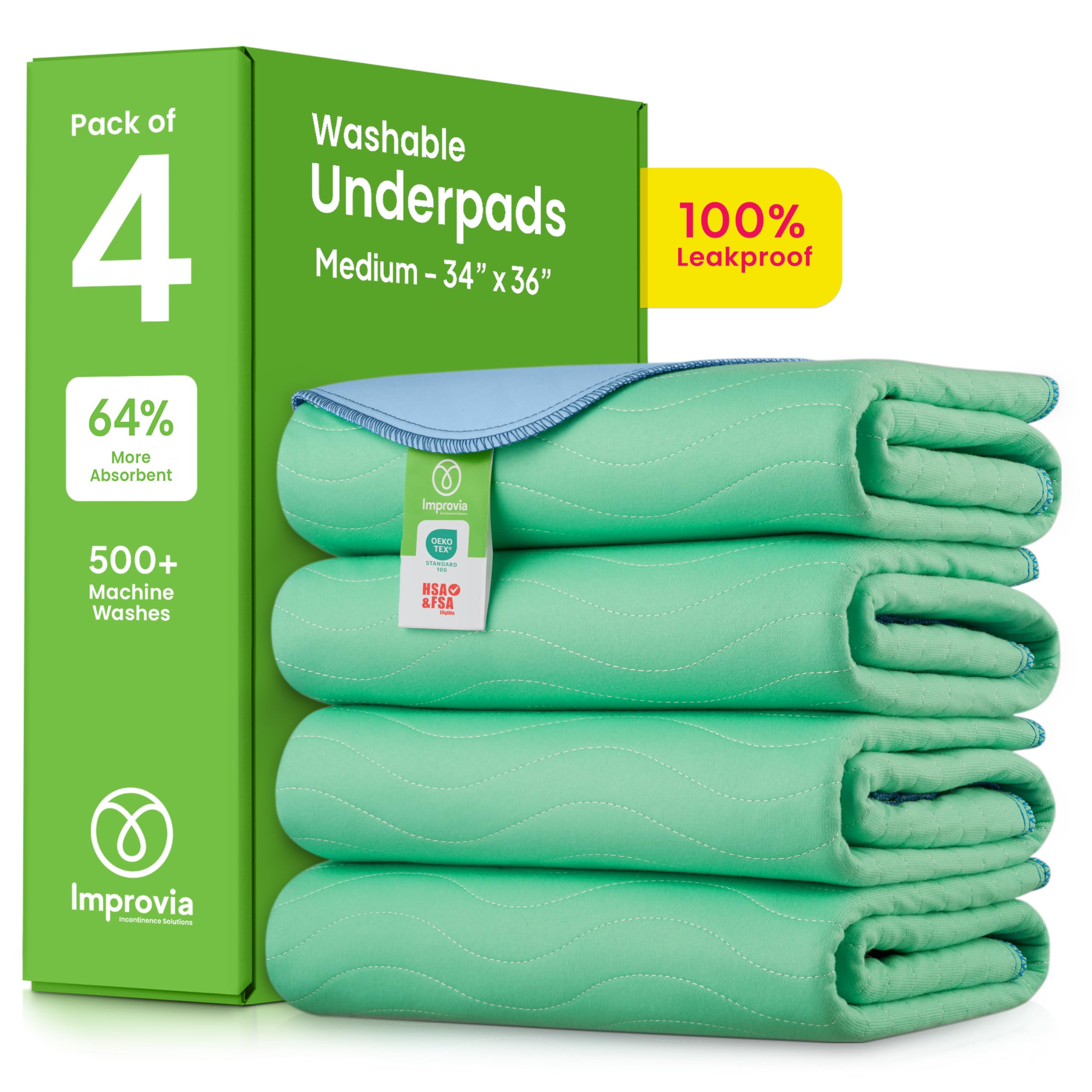 IMPROVIA® Washable Underpads, 34" x 36" (Pack of 4) - Heavy Absorbency Reusable Bedwetting Incontinence Pads for Kids, Adults, Elderly, and Pets - Waterproof Protective Pad for Bed, Couch, Sofa, Floor